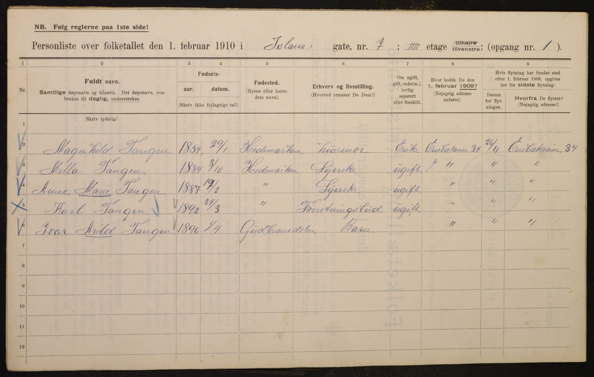 OBA, Municipal Census 1910 for Kristiania, 1910, p. 43443