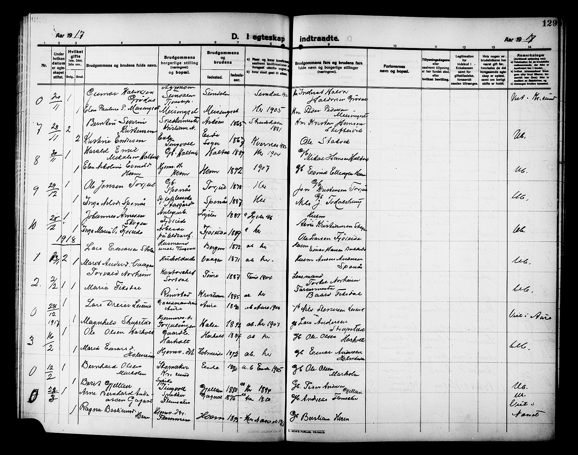 Ministerialprotokoller, klokkerbøker og fødselsregistre - Møre og Romsdal, AV/SAT-A-1454/586/L0993: Parish register (copy) no. 586C04, 1910-1918, p. 129