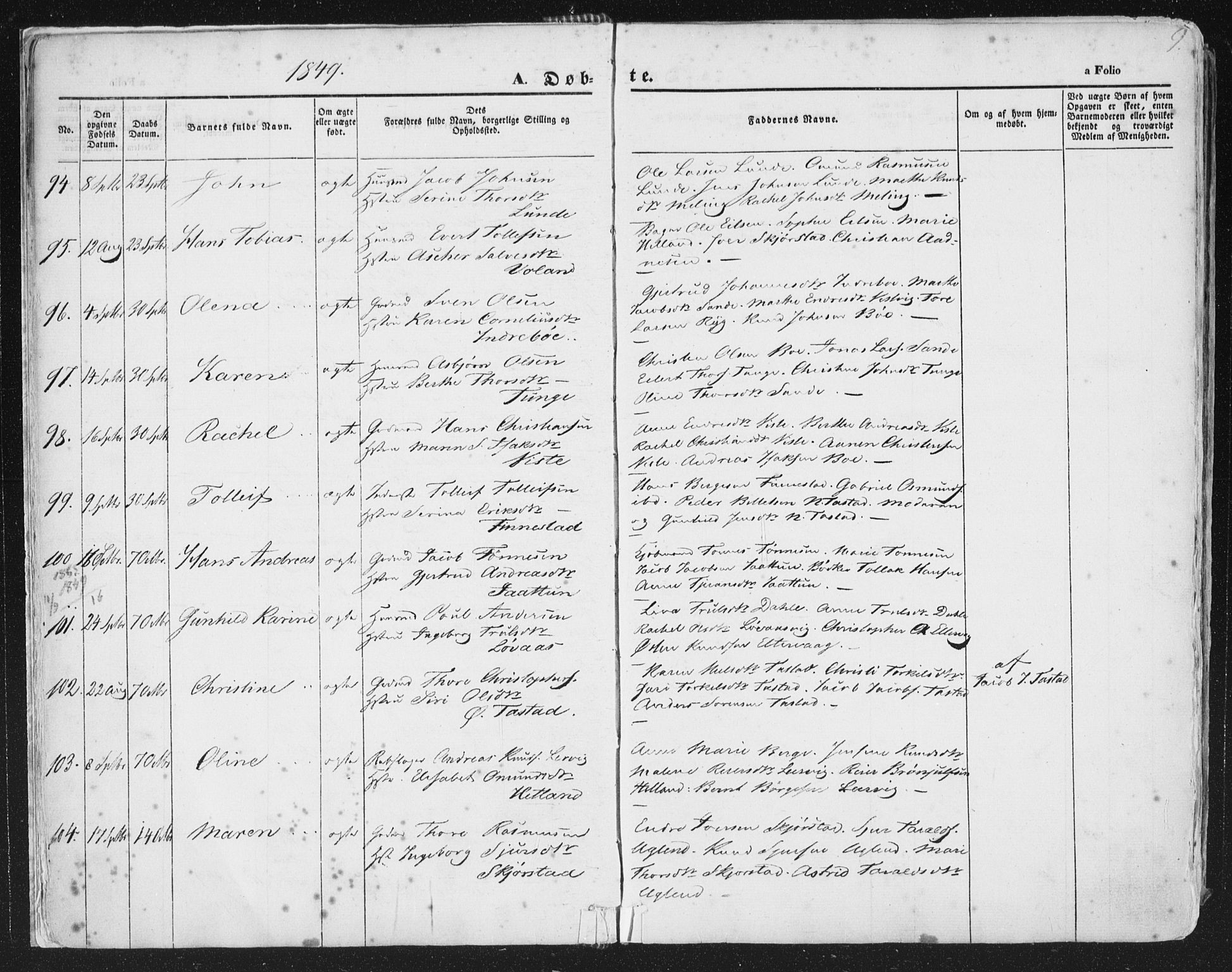 Hetland sokneprestkontor, AV/SAST-A-101826/30/30BA/L0002: Parish register (official) no. A 2, 1849-1869, p. 9