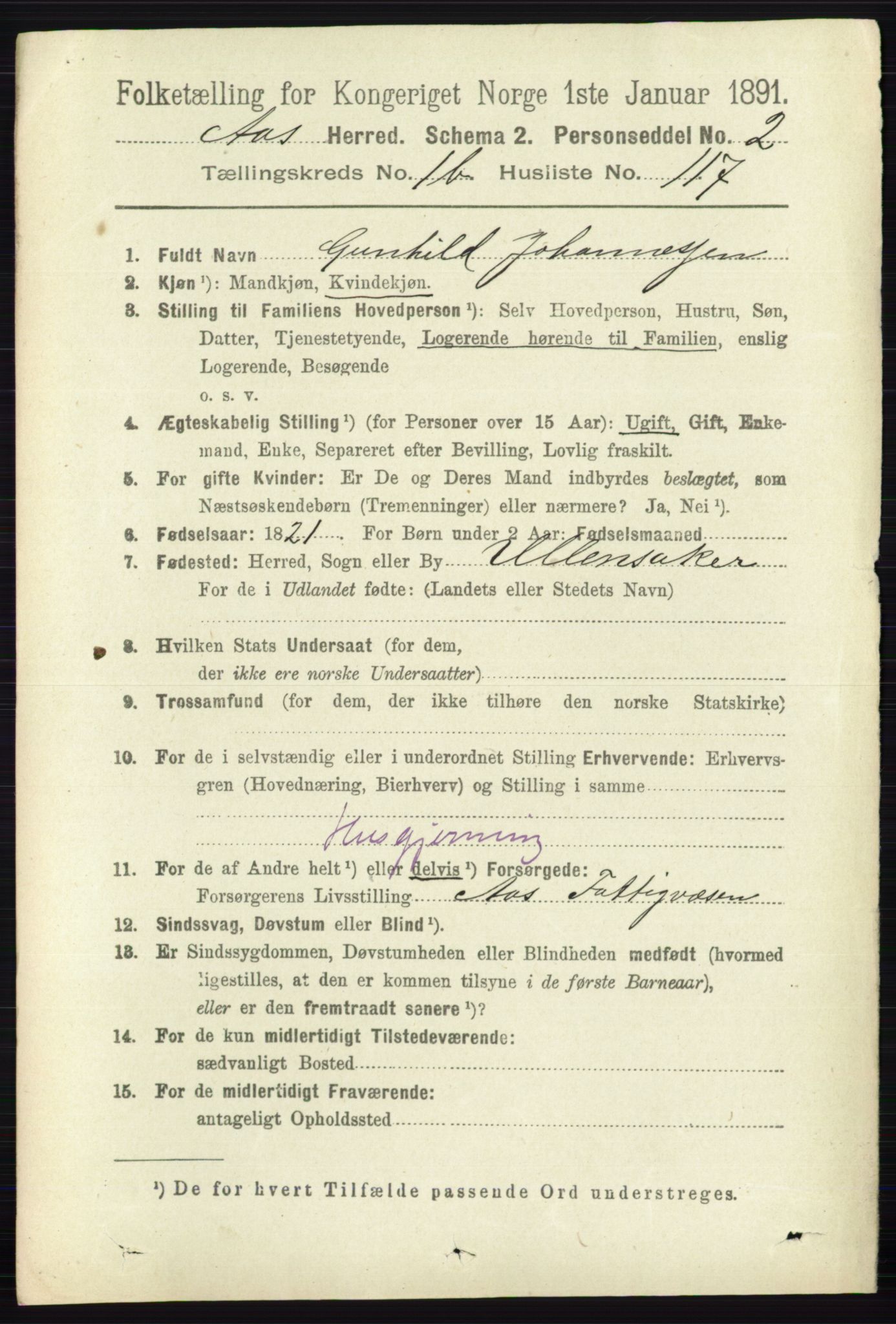 RA, 1891 census for 0214 Ås, 1891, p. 1499