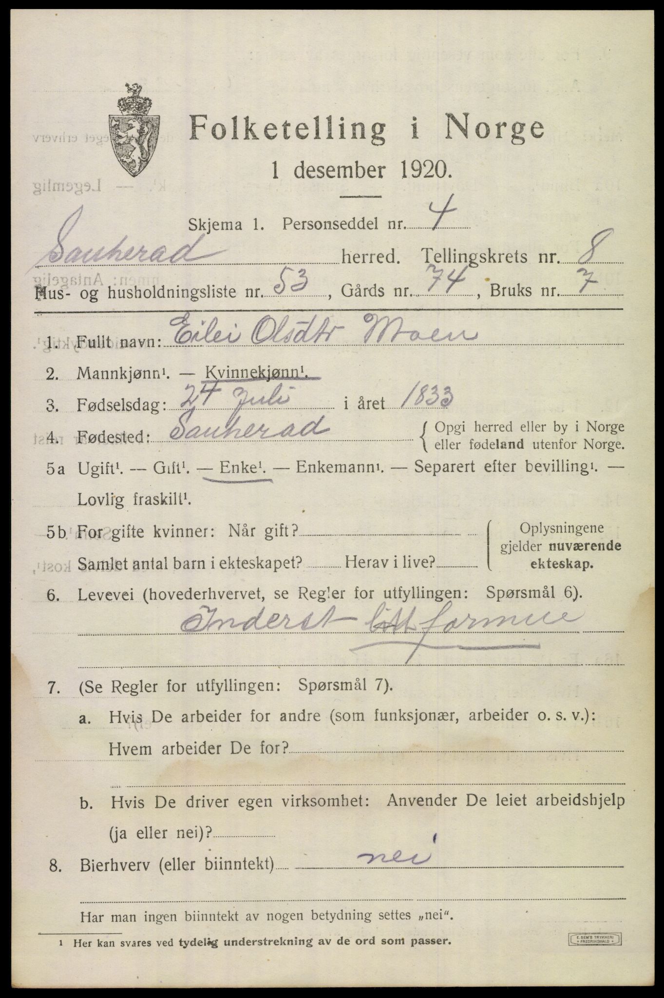 SAKO, 1920 census for Sauherad, 1920, p. 6813