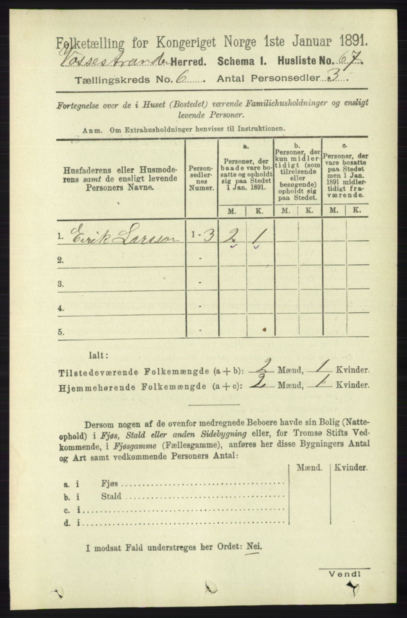 RA, 1891 census for 1236 Vossestrand, 1891, p. 2189