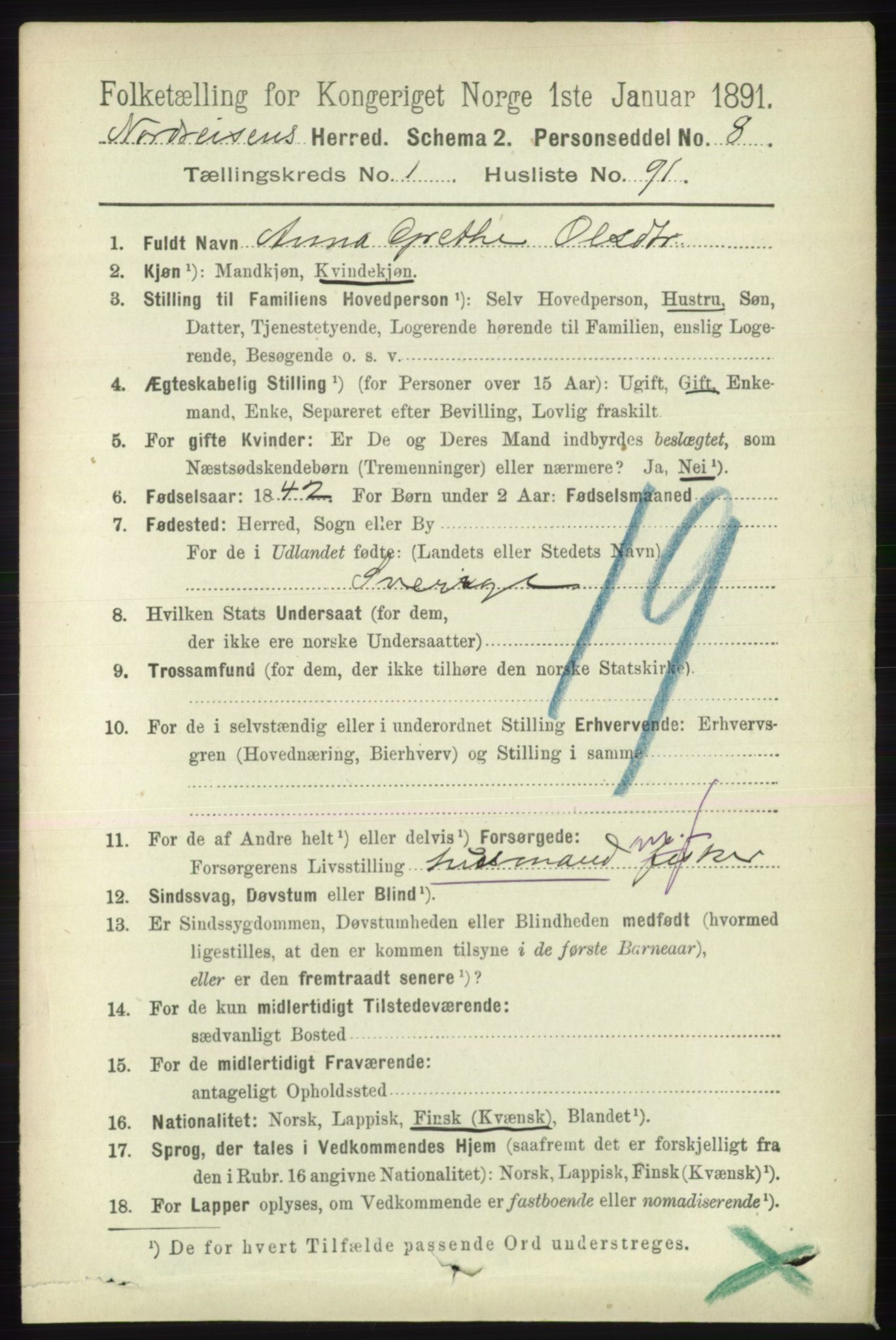 RA, 1891 census for 1942 Nordreisa, 1891, p. 700