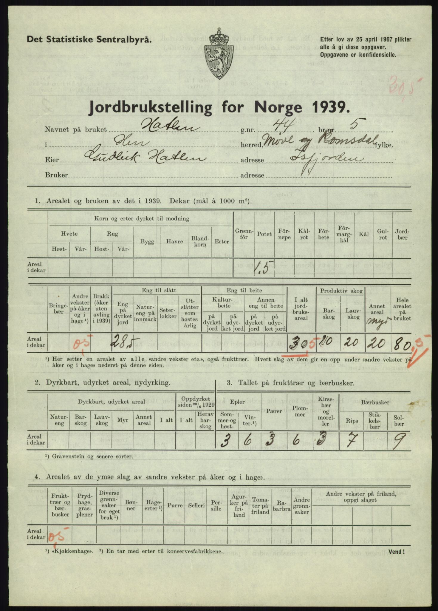 Statistisk sentralbyrå, Næringsøkonomiske emner, Jordbruk, skogbruk, jakt, fiske og fangst, AV/RA-S-2234/G/Gb/L0251: Møre og Romsdal: Voll, Eid, Grytten og Hen, 1939, p. 1193