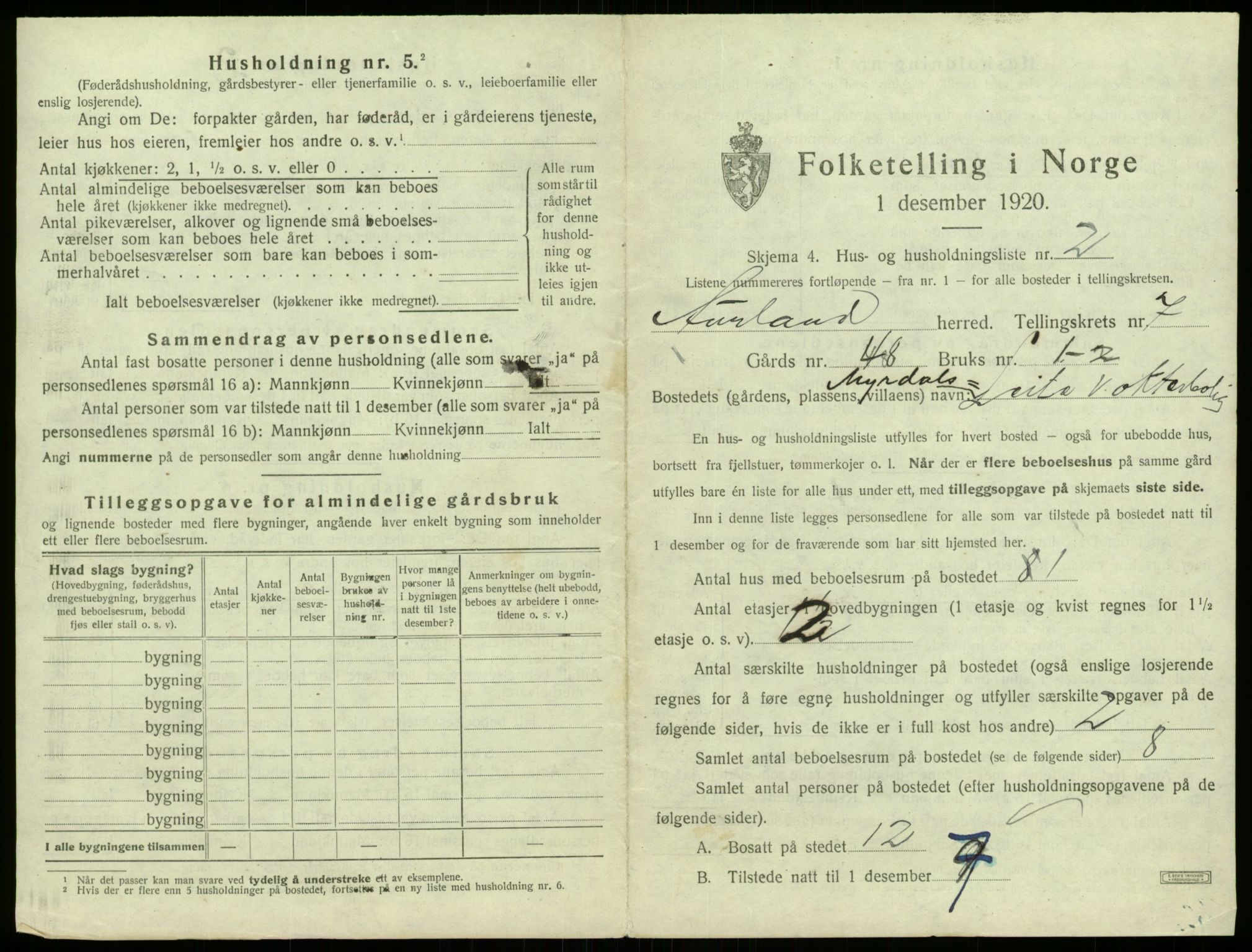 SAB, 1920 census for Aurland, 1920, p. 563