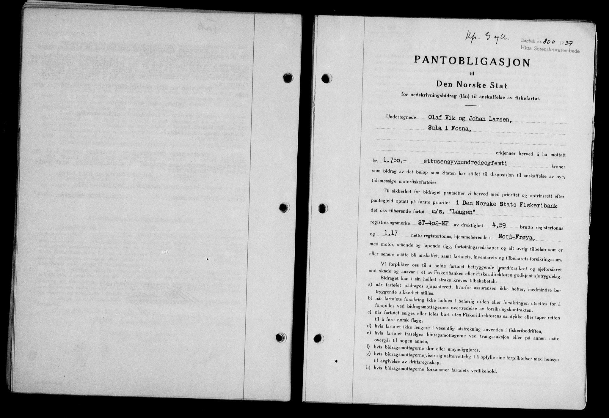 Hitra sorenskriveri, AV/SAT-A-0018/2/2C/2Ca/L0028: Mortgage book no. B-1, 1936-1939, Diary no: : 800/1937