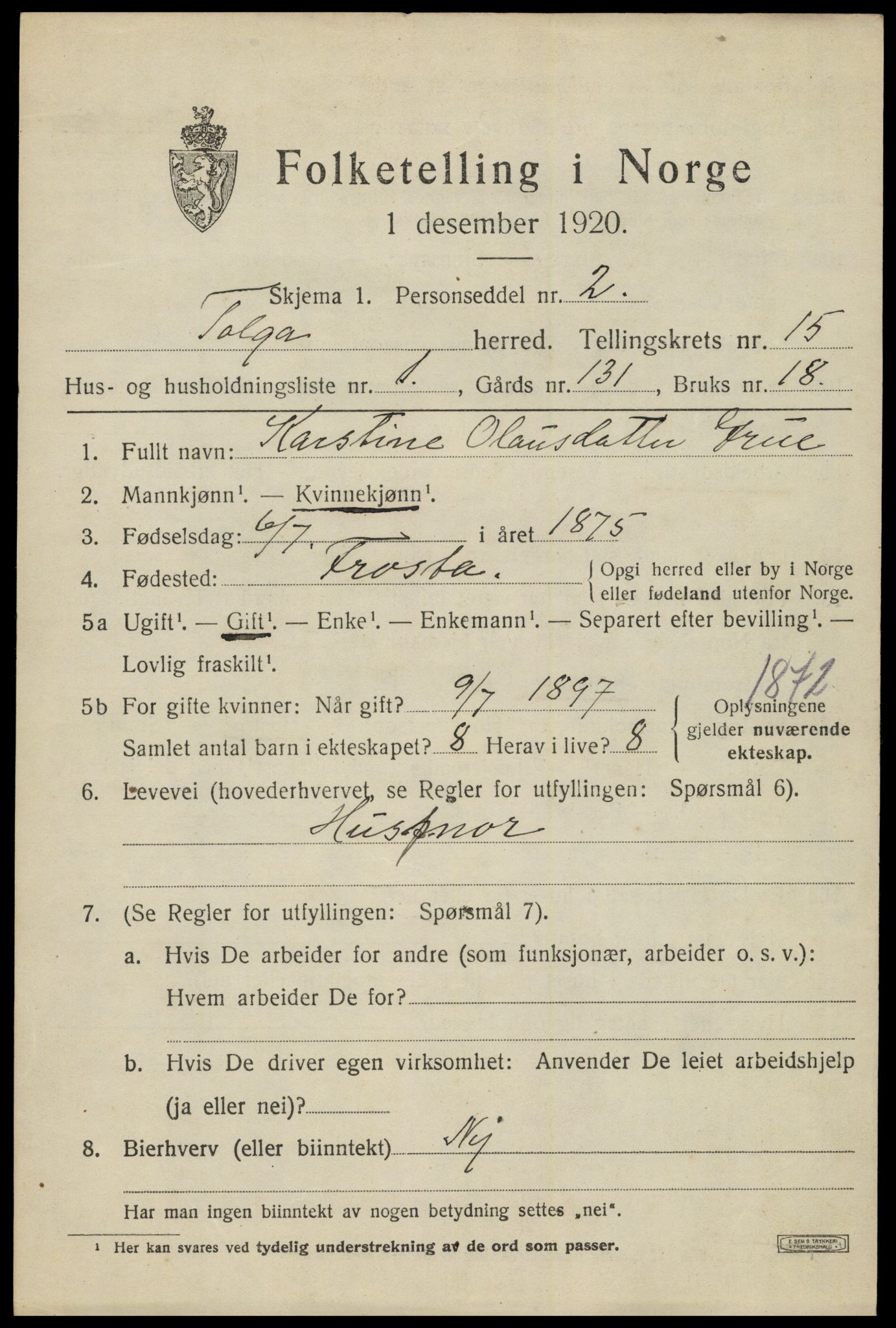 SAH, 1920 census for Tolga, 1920, p. 6873