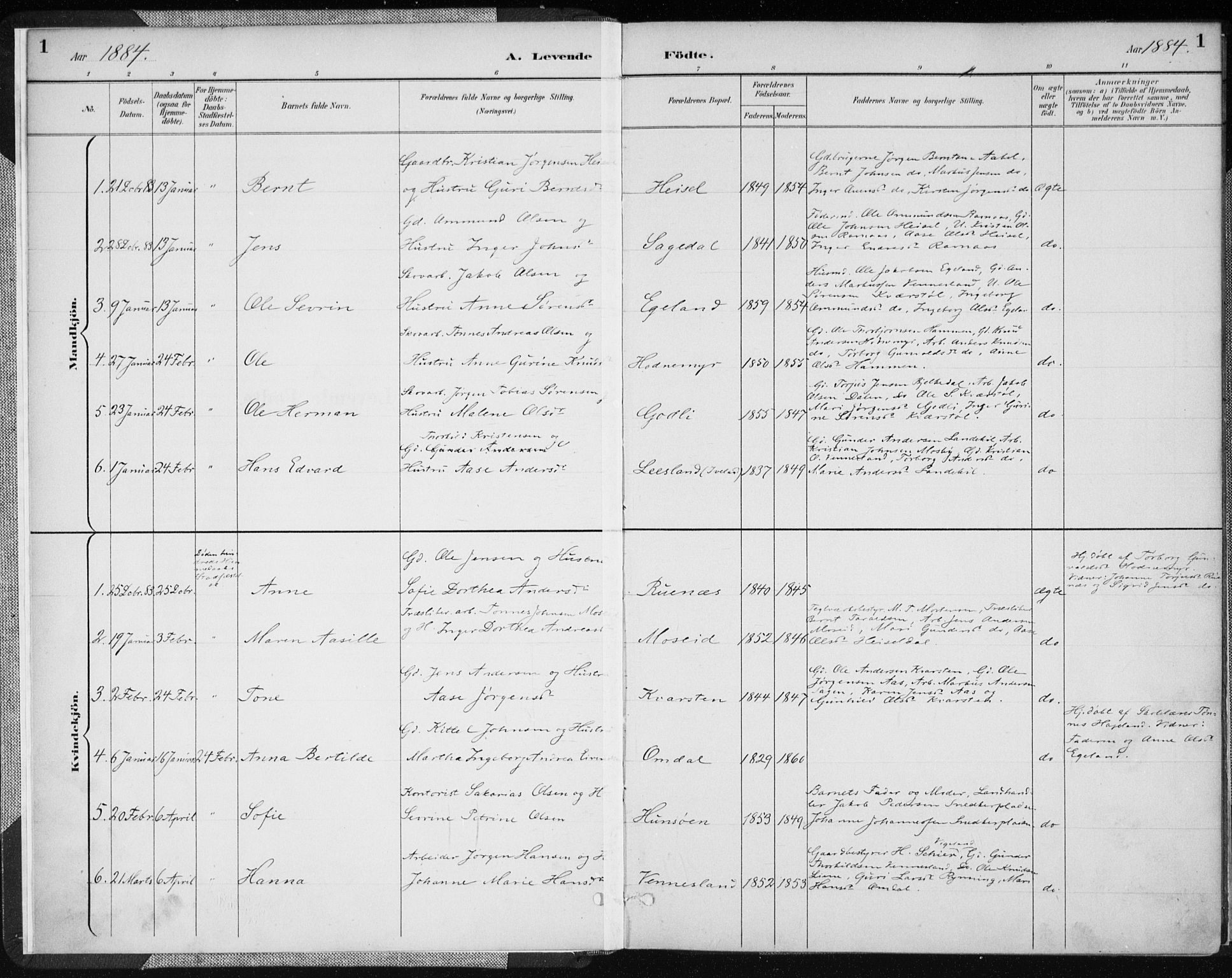 Vennesla sokneprestkontor, AV/SAK-1111-0045/Fa/Fab/L0004: Parish register (official) no. A 4, 1884-1896, p. 1