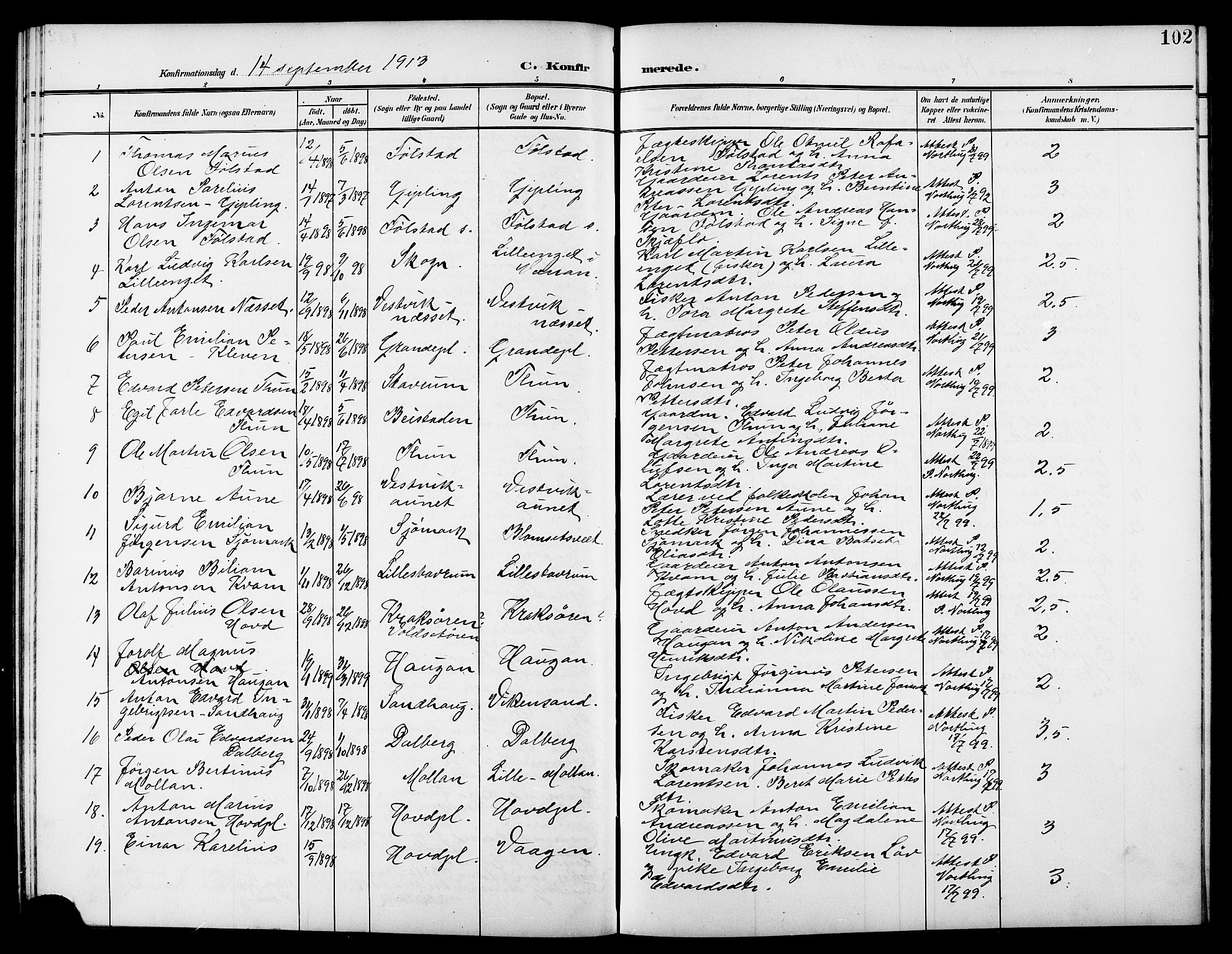 Ministerialprotokoller, klokkerbøker og fødselsregistre - Nord-Trøndelag, SAT/A-1458/744/L0424: Parish register (copy) no. 744C03, 1906-1923, p. 102