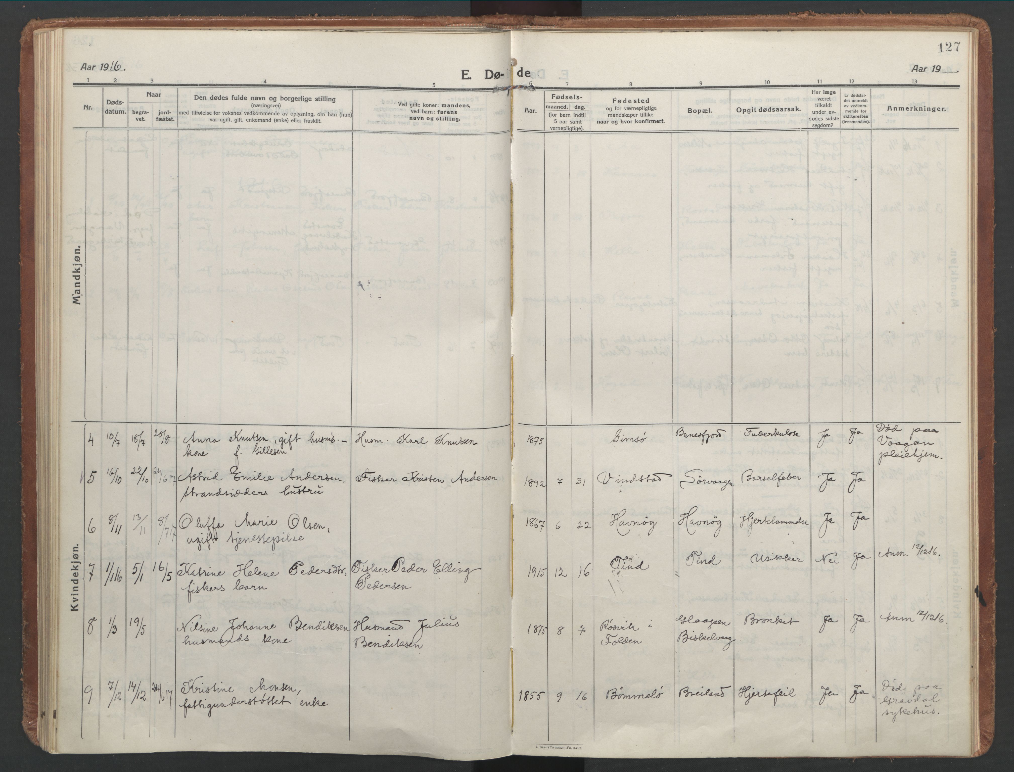 Ministerialprotokoller, klokkerbøker og fødselsregistre - Nordland, AV/SAT-A-1459/886/L1222: Parish register (official) no. 886A04, 1914-1926, p. 127