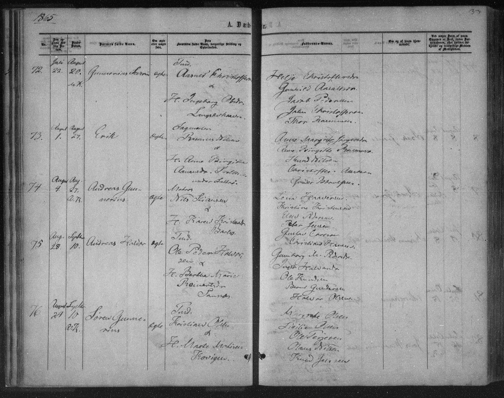 Tromøy sokneprestkontor, AV/SAK-1111-0041/F/Fa/L0007: Parish register (official) no. A 7, 1864-1869, p. 33
