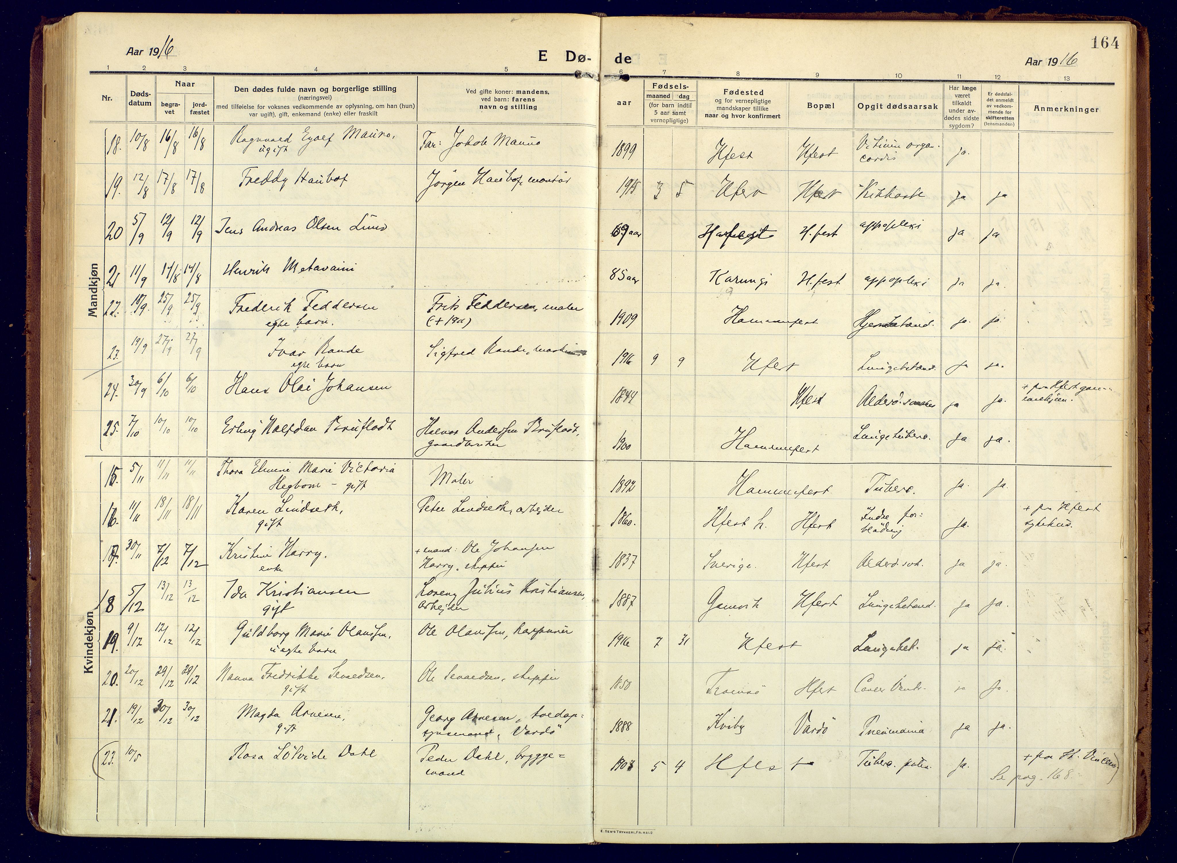 Hammerfest sokneprestkontor, SATØ/S-1347/H/Ha/L0015.kirke: Parish register (official) no. 15, 1916-1923, p. 164