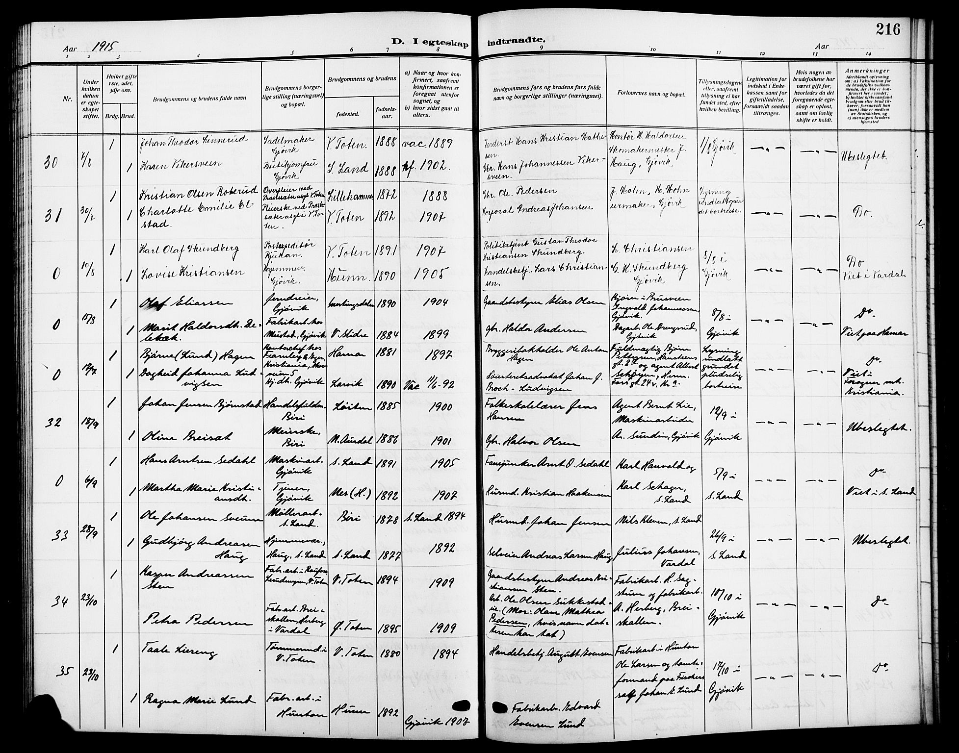 Vardal prestekontor, SAH/PREST-100/H/Ha/Hab/L0014: Parish register (copy) no. 14, 1911-1922, p. 216