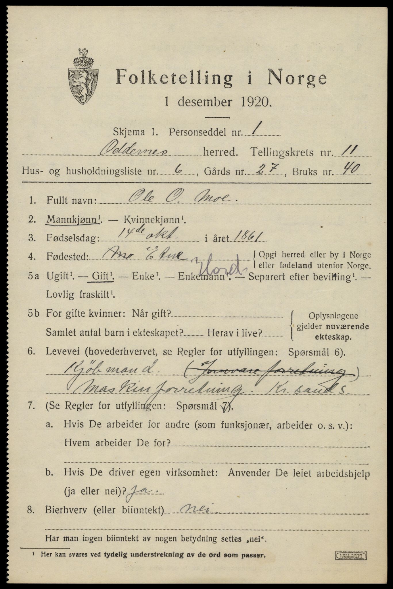 SAK, 1920 census for Oddernes, 1920, p. 7105