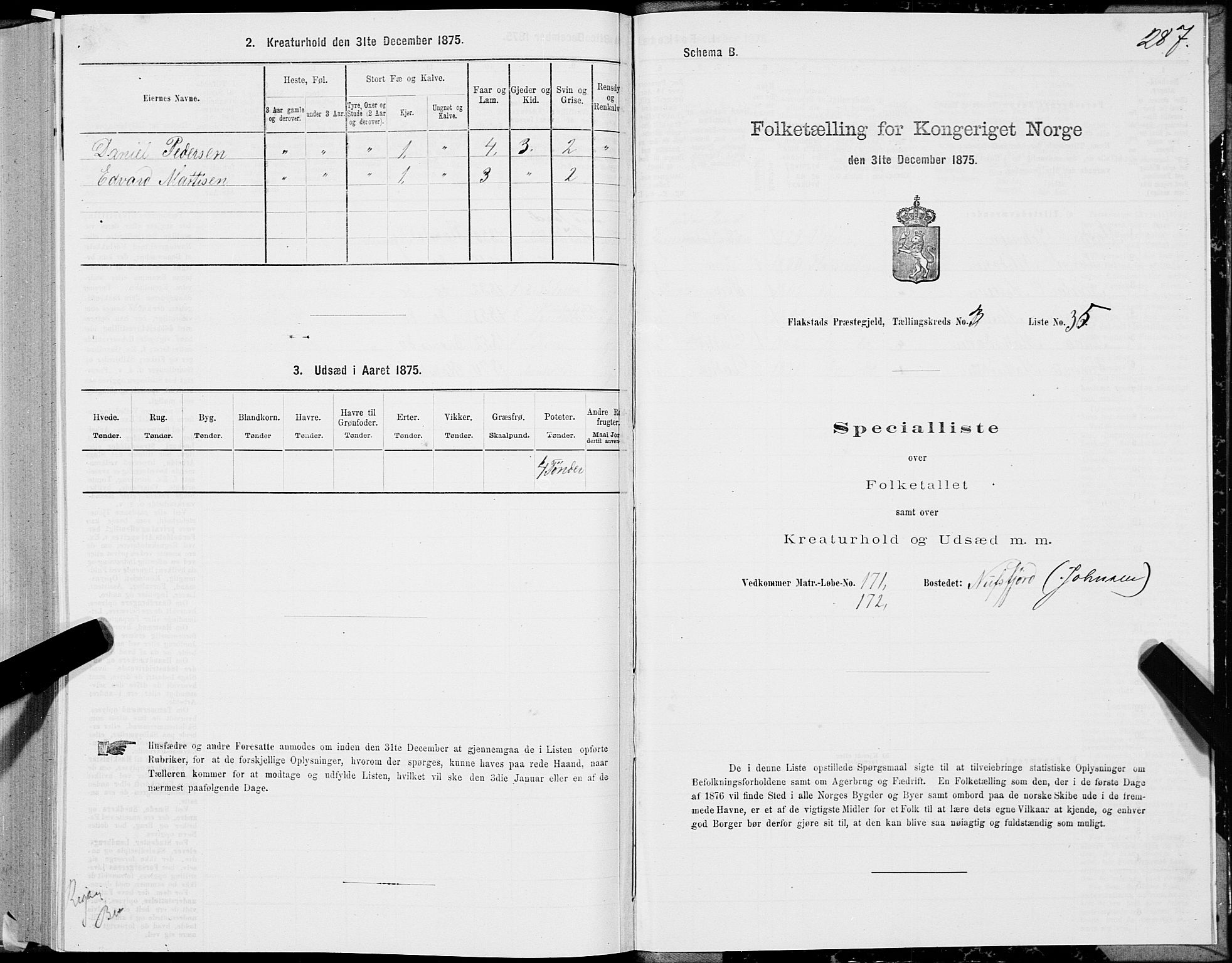 SAT, 1875 census for 1859P Flakstad, 1875, p. 1287