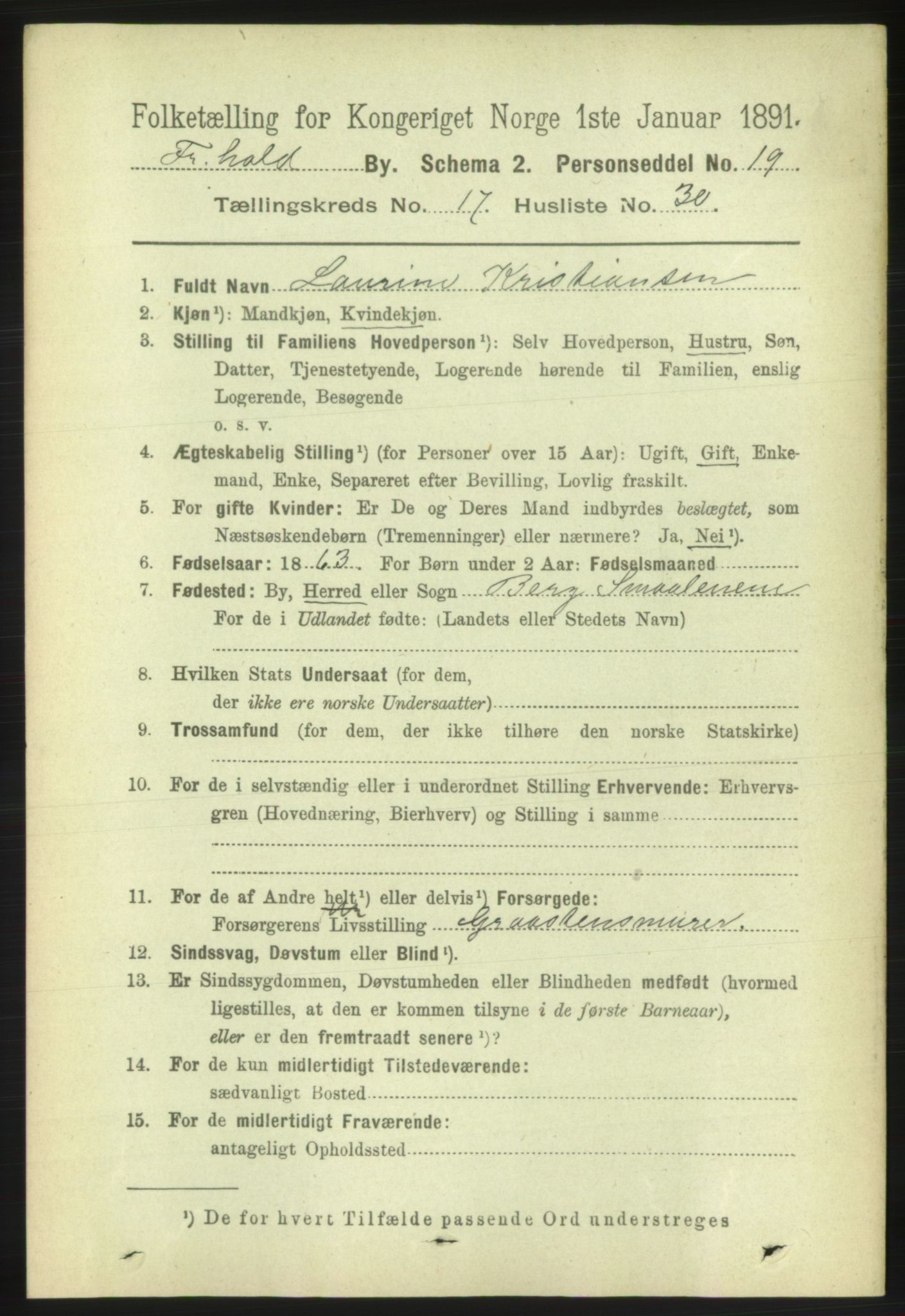 RA, 1891 census for 0101 Fredrikshald, 1891, p. 11363