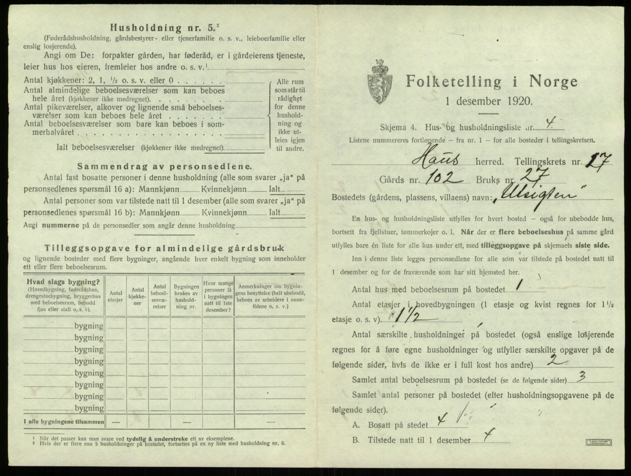 SAB, 1920 census for Haus, 1920, p. 1429