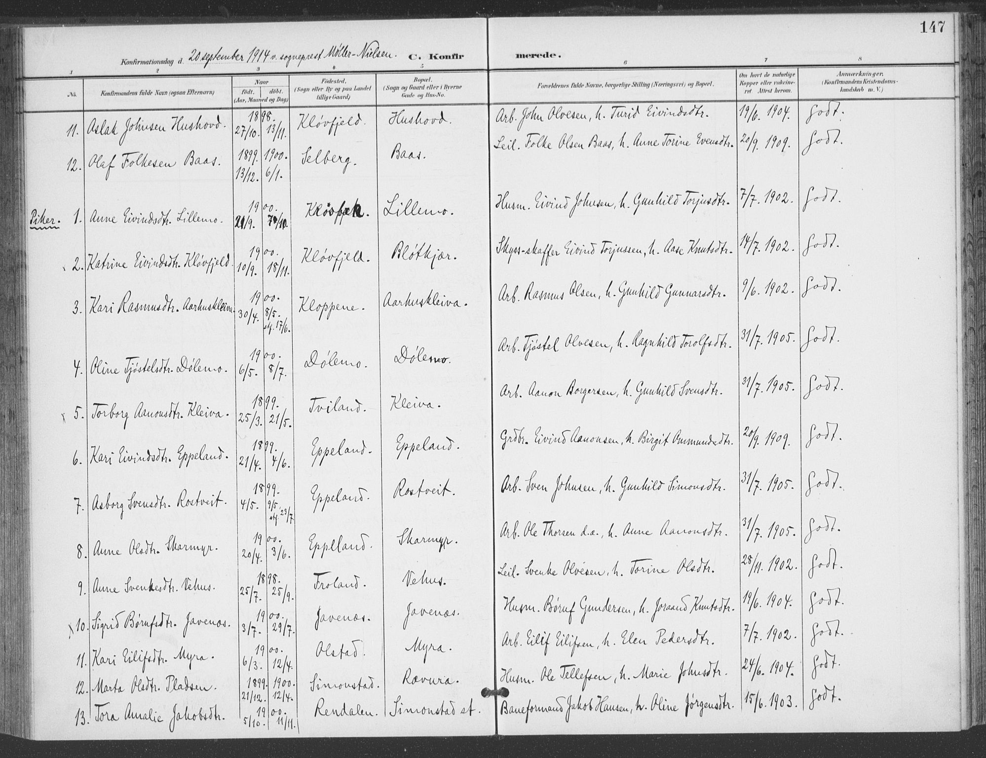 Åmli sokneprestkontor, AV/SAK-1111-0050/F/Fa/Fac/L0012: Parish register (official) no. A 12, 1900-1914, p. 147