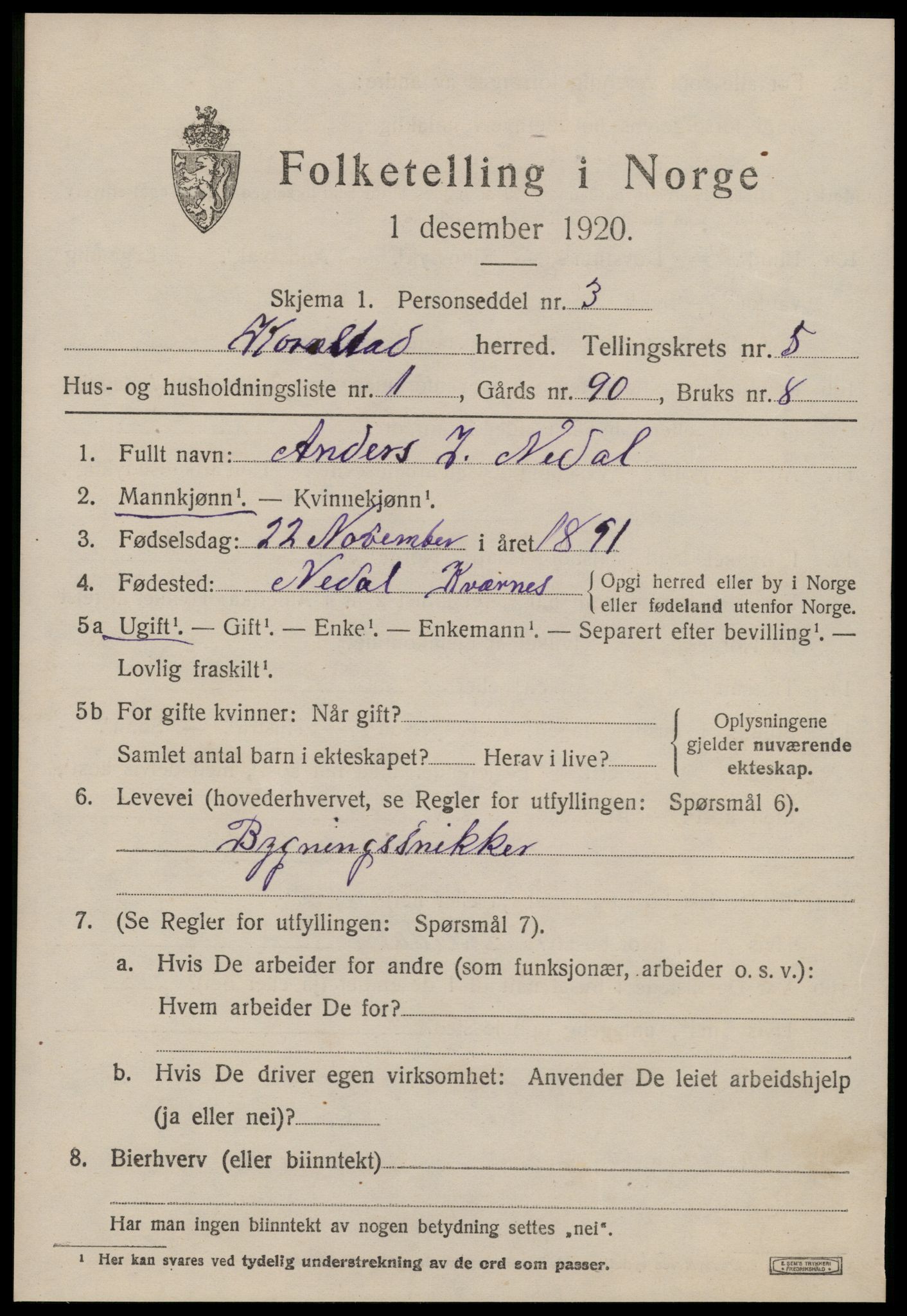 SAT, 1920 census for Kornstad, 1920, p. 2761