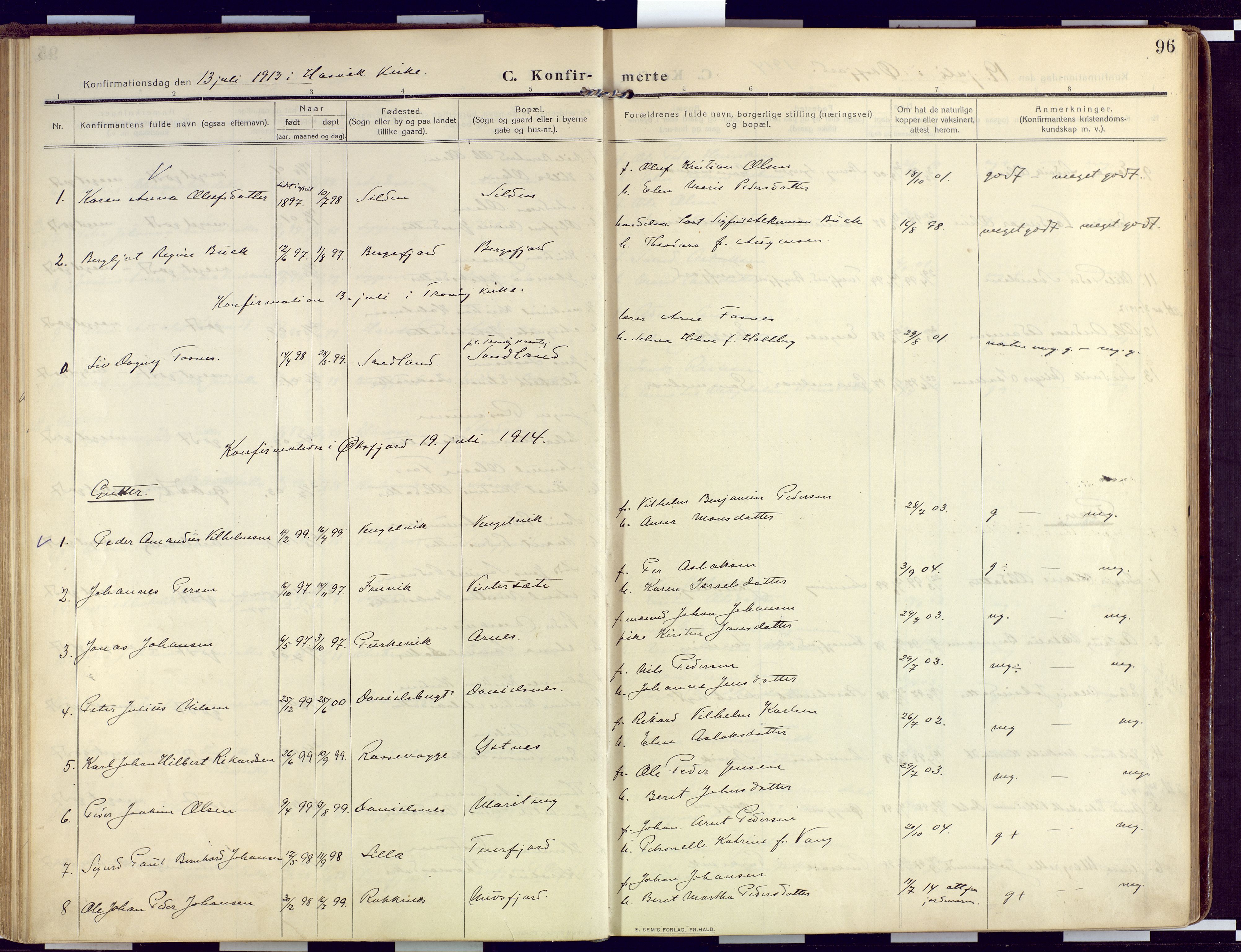 Loppa sokneprestkontor, SATØ/S-1339/H/Ha/L0011kirke: Parish register (official) no. 11, 1909-1919, p. 96