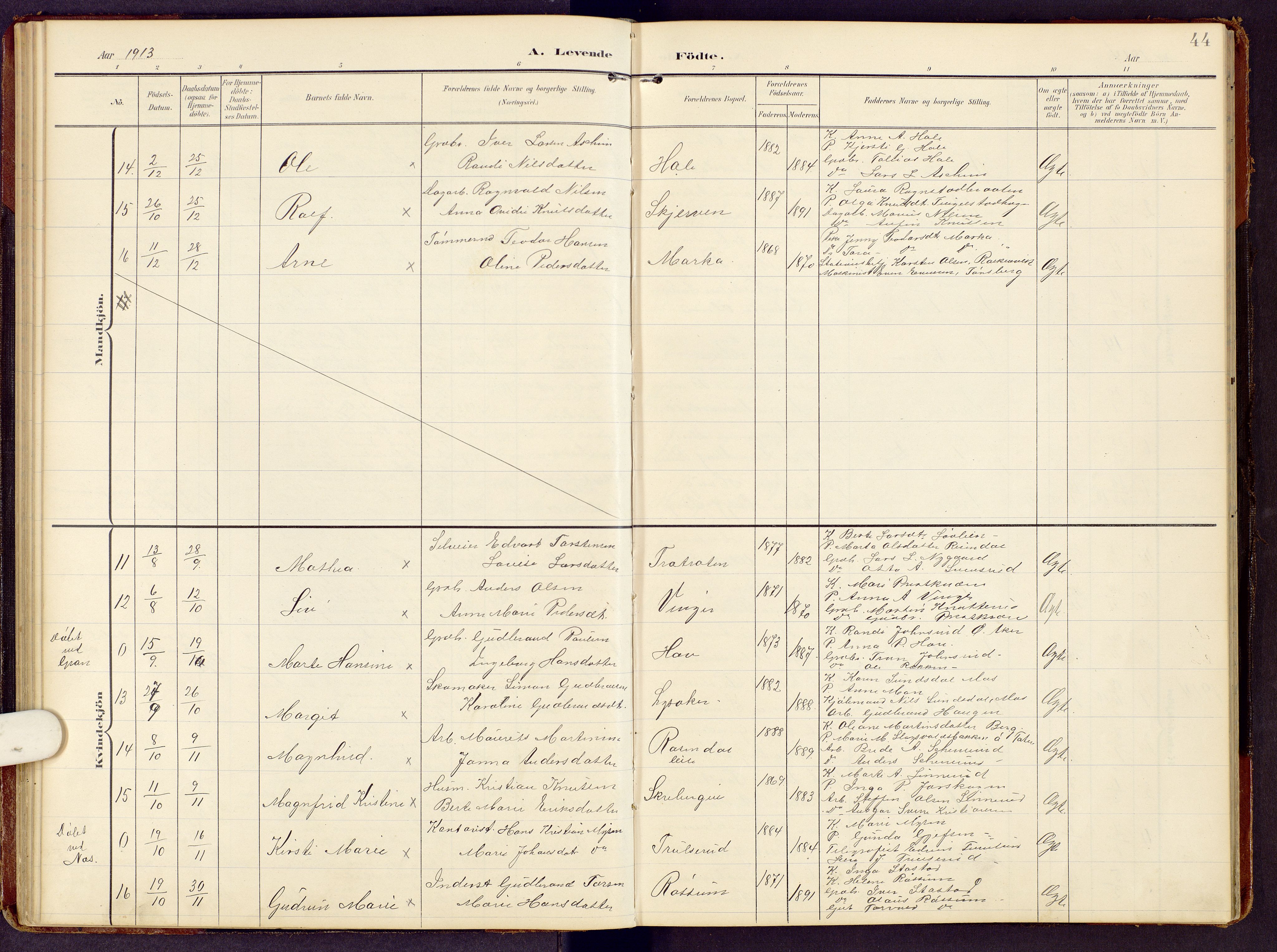 Brandbu prestekontor, SAH/PREST-114/H/Ha/Hab/L0009: Parish register (copy) no. 9, 1903-1916, p. 44