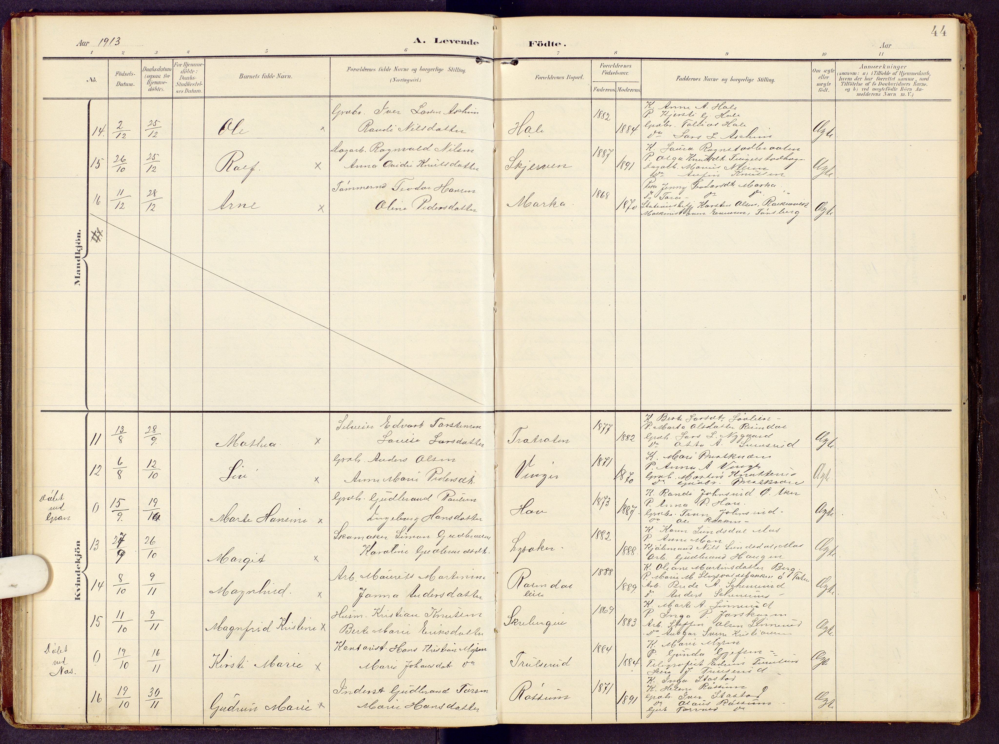 Brandbu prestekontor, AV/SAH-PREST-114/H/Ha/Hab/L0009: Parish register (copy) no. 9, 1903-1916, p. 44