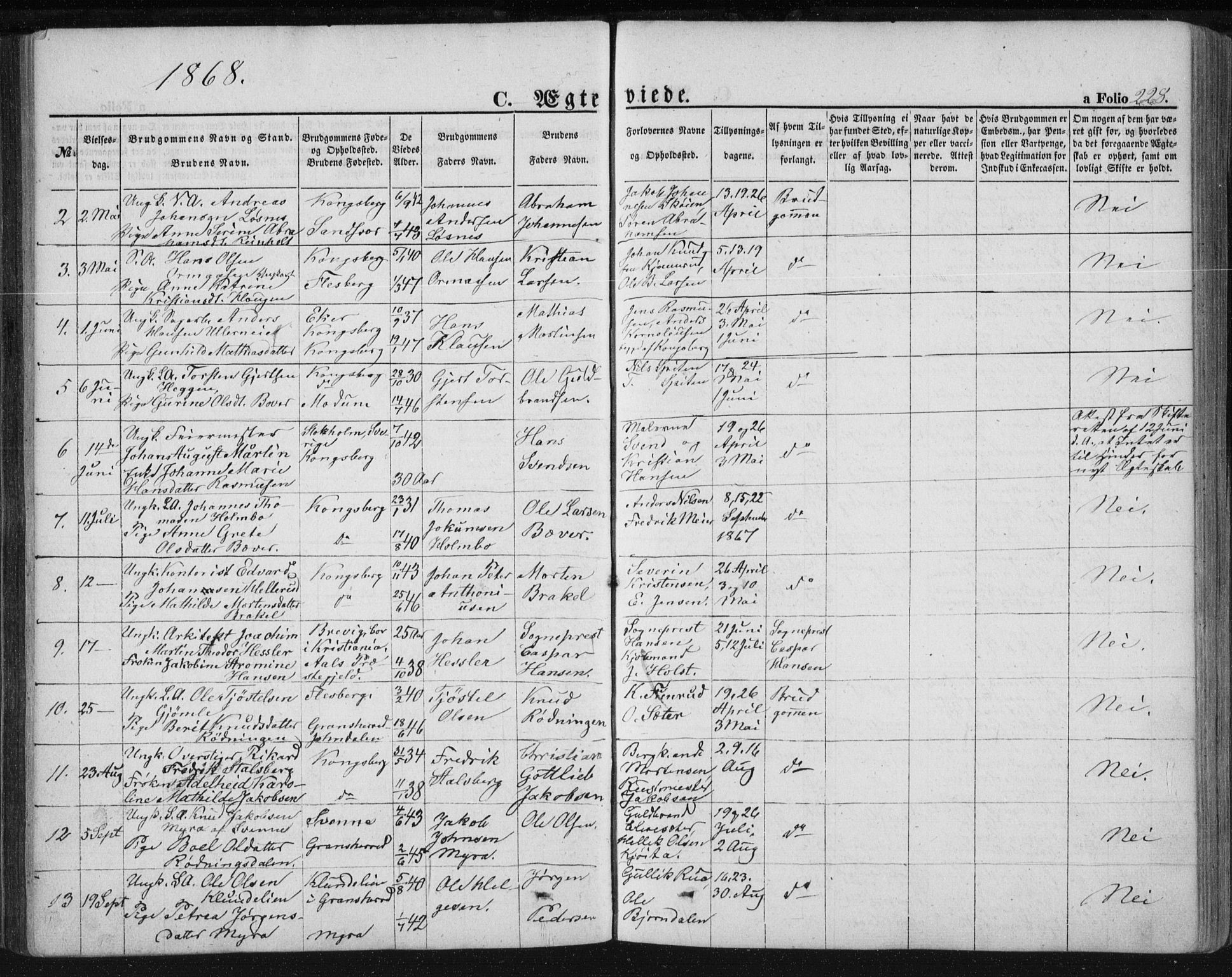 Kongsberg kirkebøker, SAKO/A-22/F/Fa/L0010: Parish register (official) no. I 10, 1859-1875, p. 228