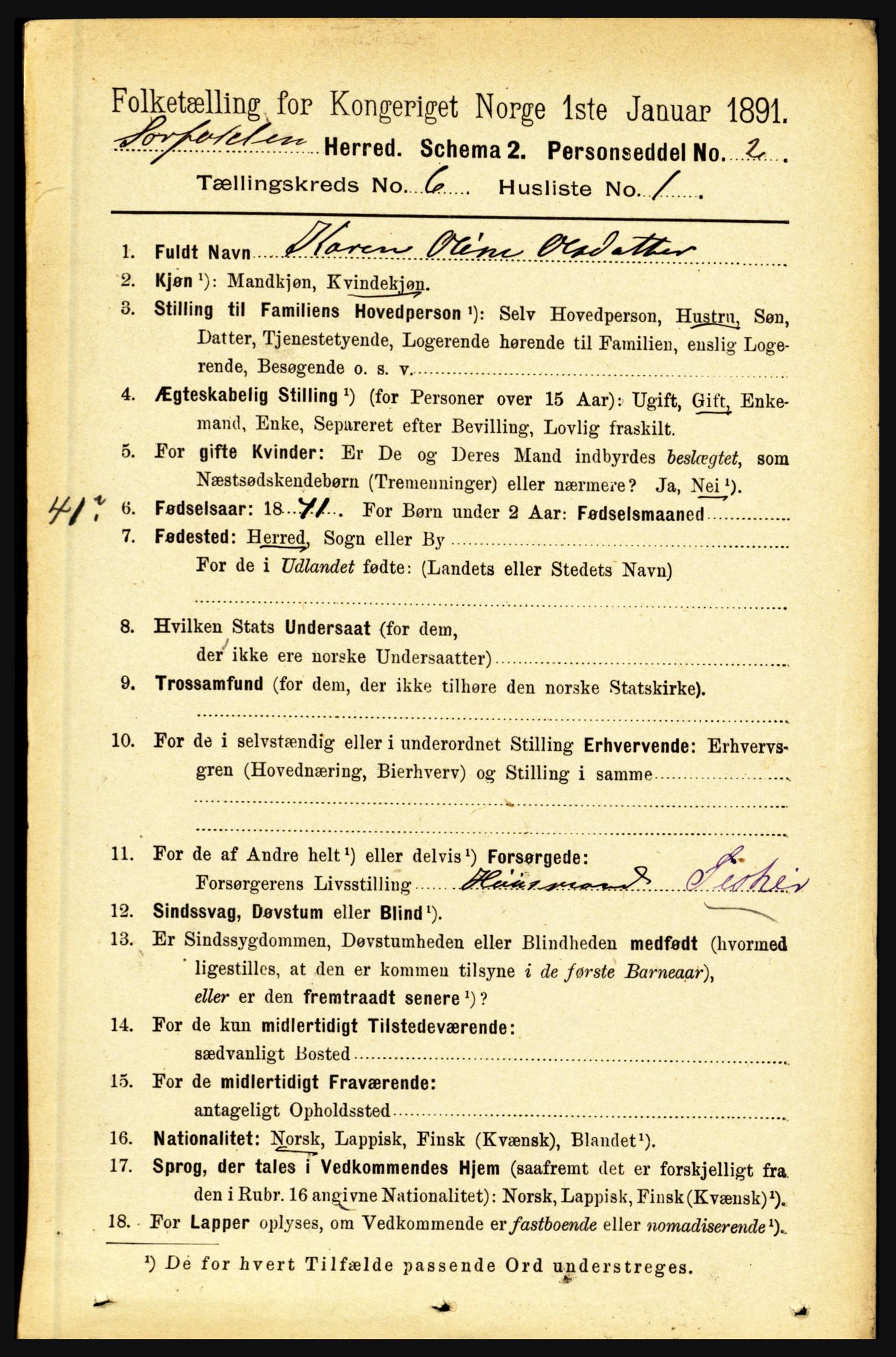 RA, 1891 census for 1845 Sørfold, 1891, p. 1822