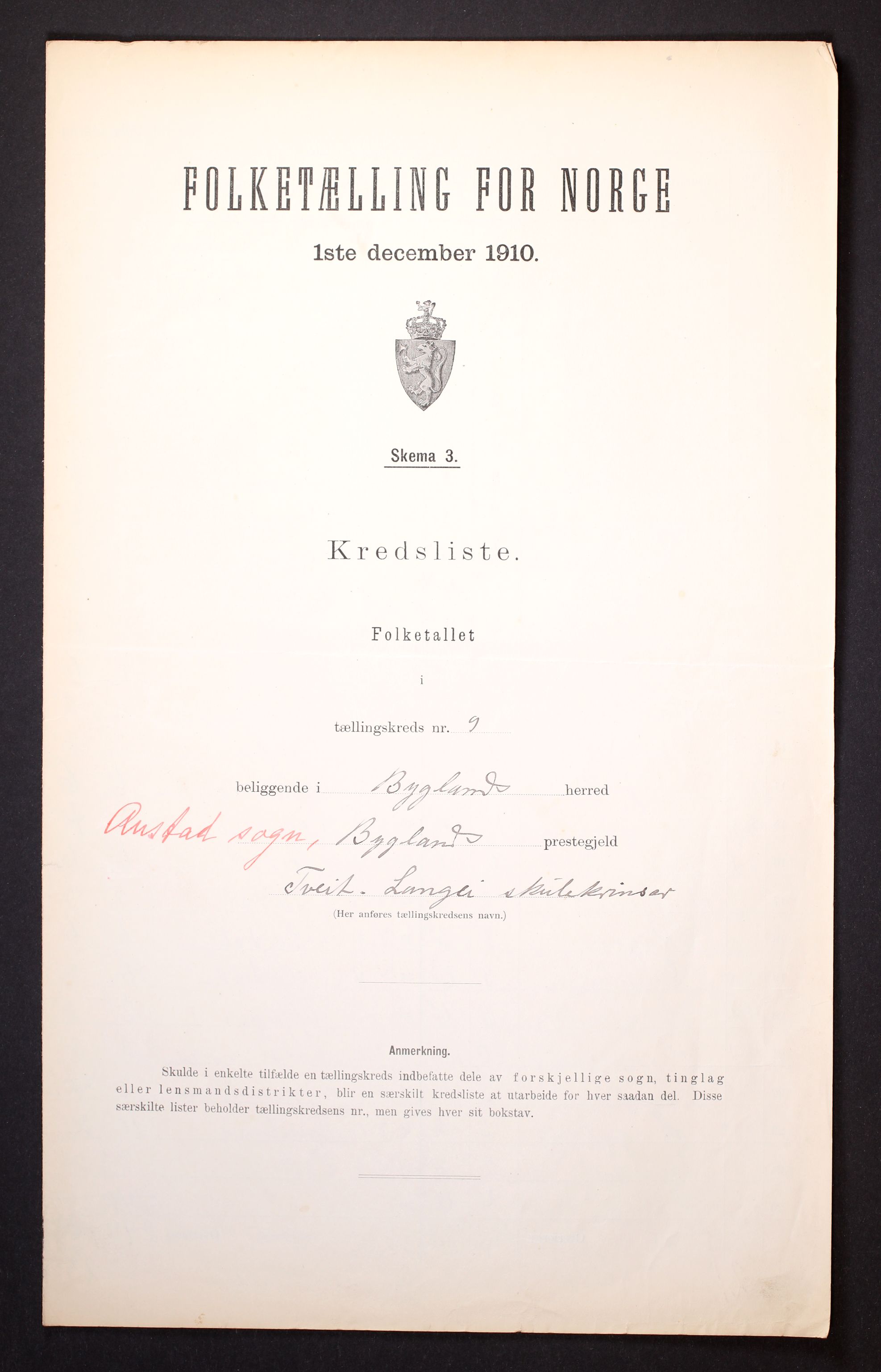 RA, 1910 census for Bygland, 1910, p. 34