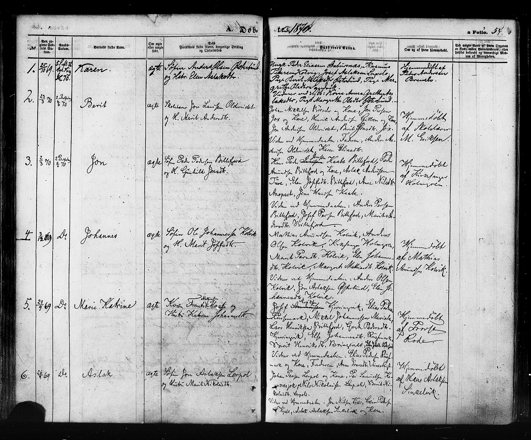 Kistrand/Porsanger sokneprestembete, AV/SATØ-S-1351/H/Ha/L0005.kirke: Parish register (official) no. 5, 1860-1874, p. 54
