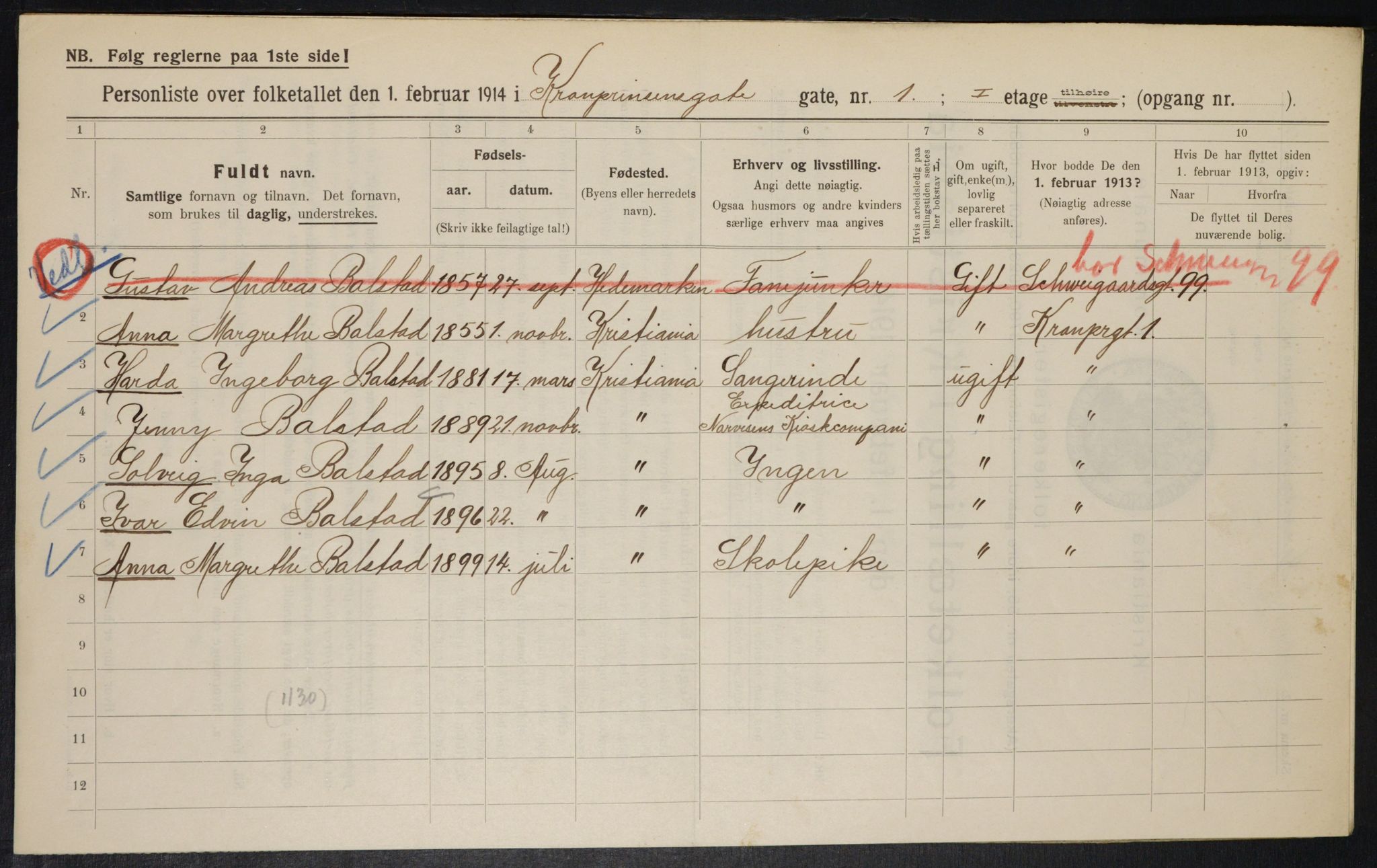 OBA, Municipal Census 1914 for Kristiania, 1914, p. 54397