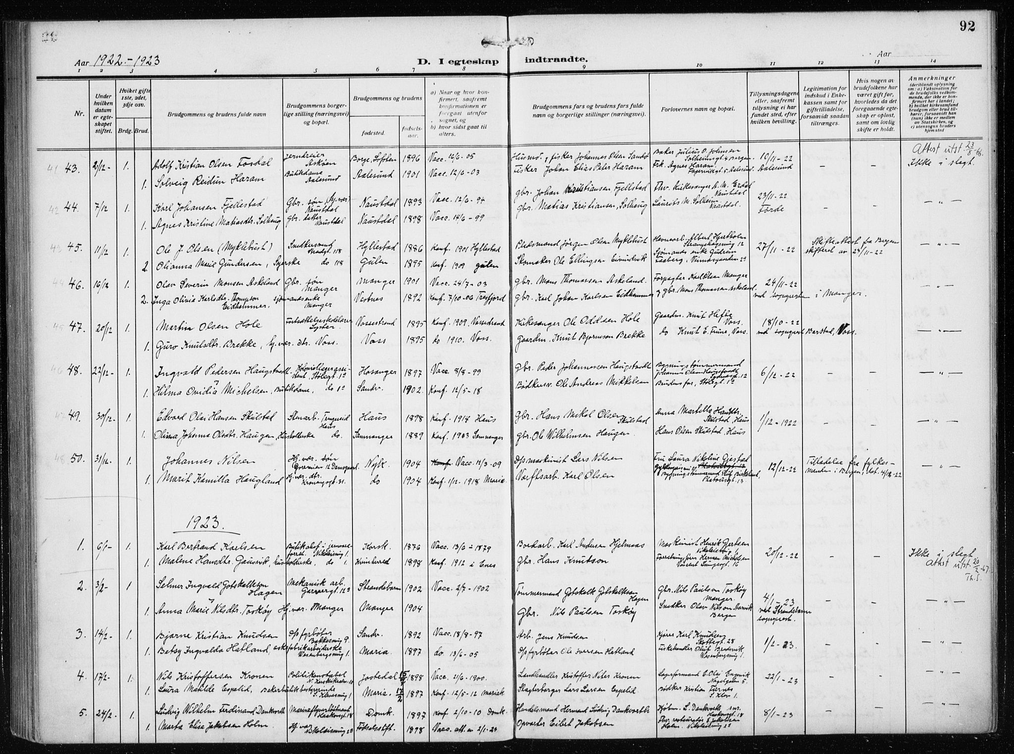 Mariakirken Sokneprestembete, SAB/A-76901/H/Haa/L0015: Parish register (official) no. C 3, 1913-1927, p. 92