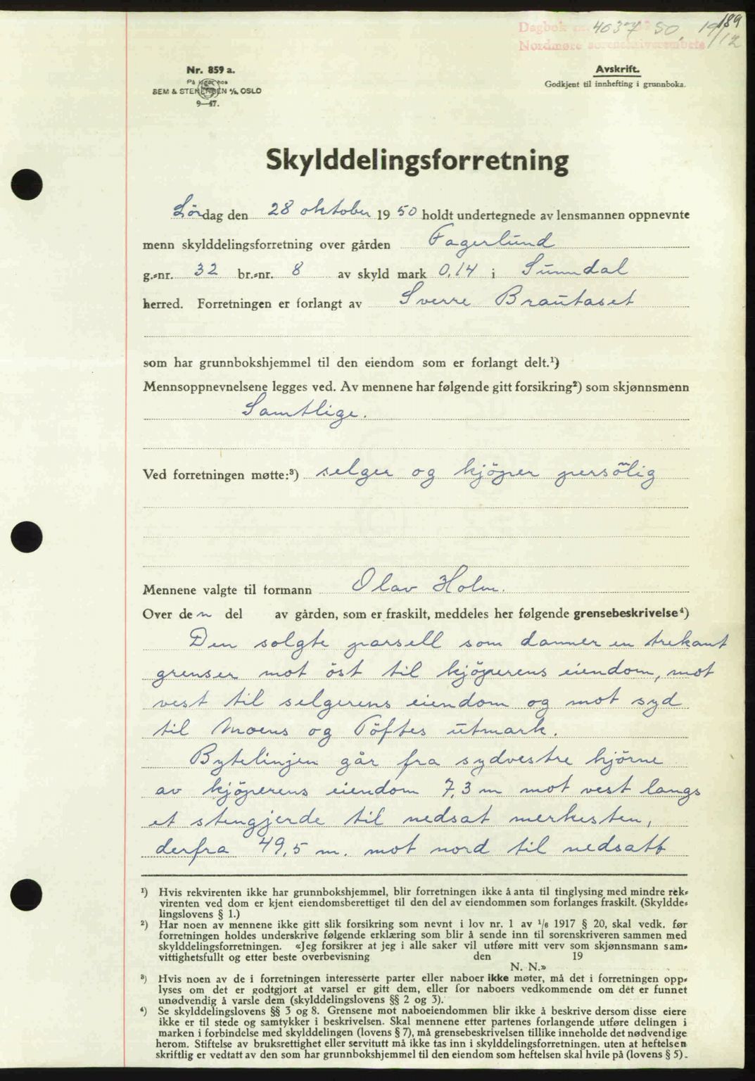 Nordmøre sorenskriveri, AV/SAT-A-4132/1/2/2Ca: Mortgage book no. A117, 1950-1950, Diary no: : 4037/1950