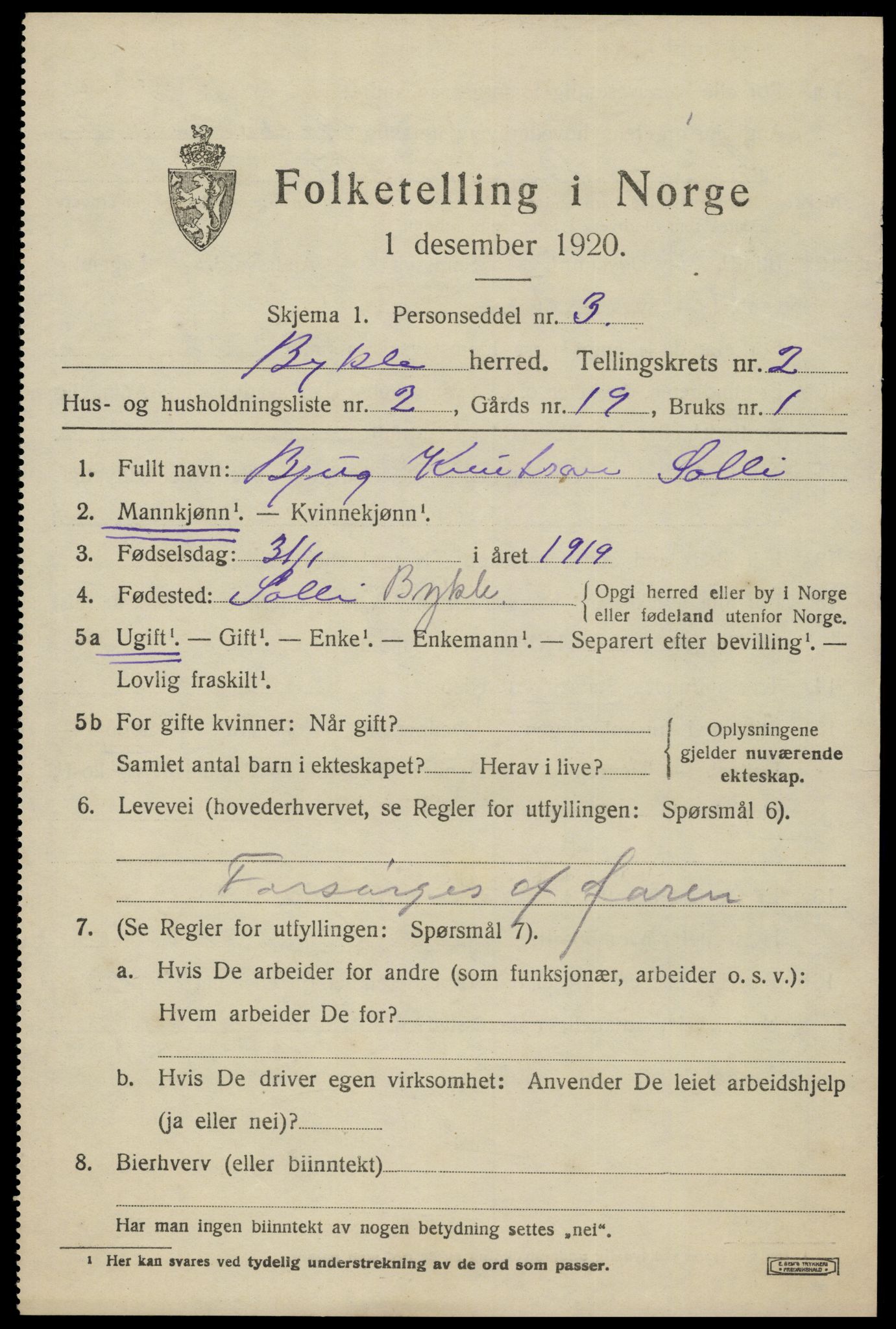 SAK, 1920 census for Bykle, 1920, p. 607