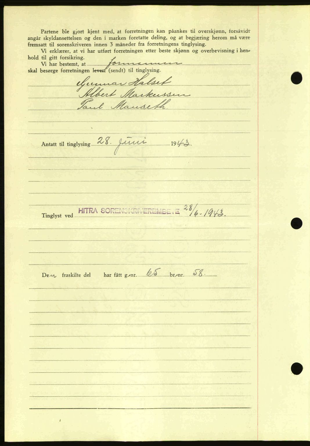 Hitra sorenskriveri, AV/SAT-A-0018/2/2C/2Ca: Mortgage book no. A2, 1943-1945, Diary no: : 453/1943