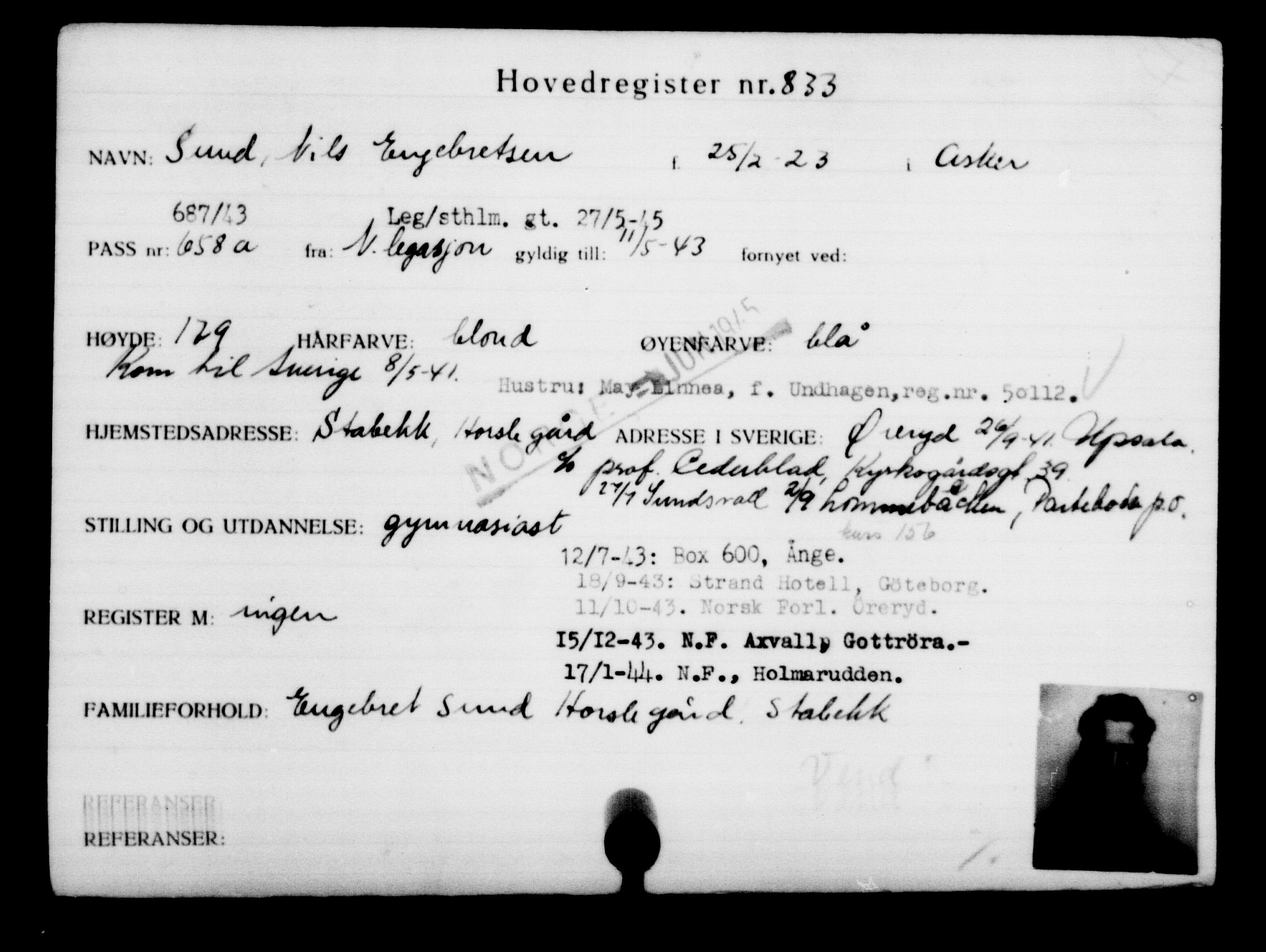 Utenriksstasjonene, Legasjonen i Stockholm, Flyktningkontoret, AV/RA-S-6753/V/Va/L0001: Kjesäterkartoteket, flyktninger med registreringsnr. 1-1000, 1940-1945, p. 1323