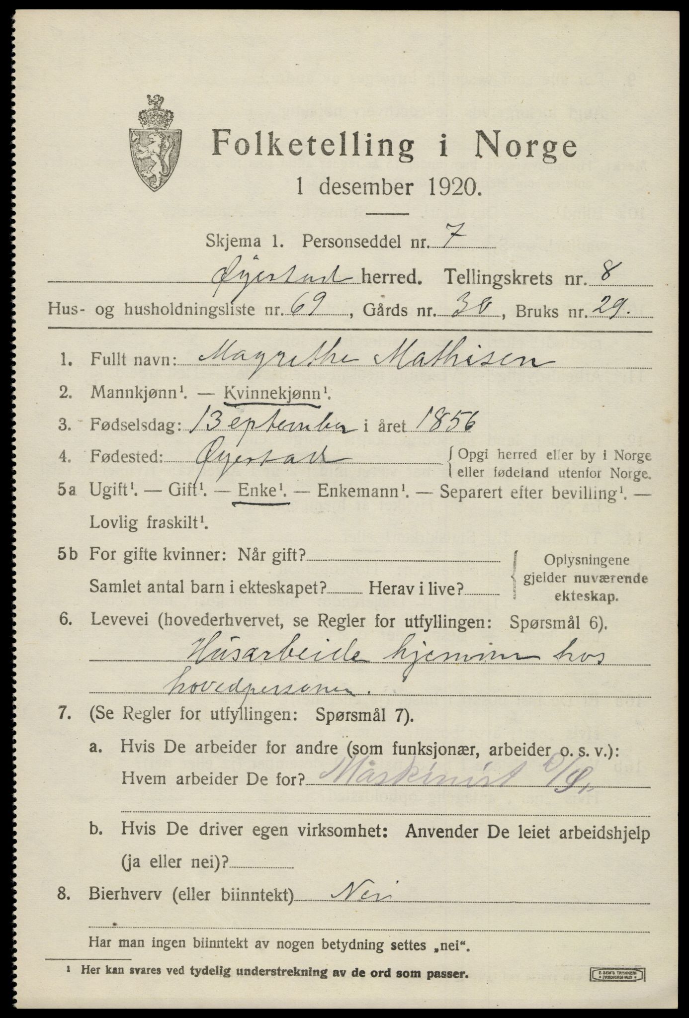 SAK, 1920 census for Øyestad, 1920, p. 5906