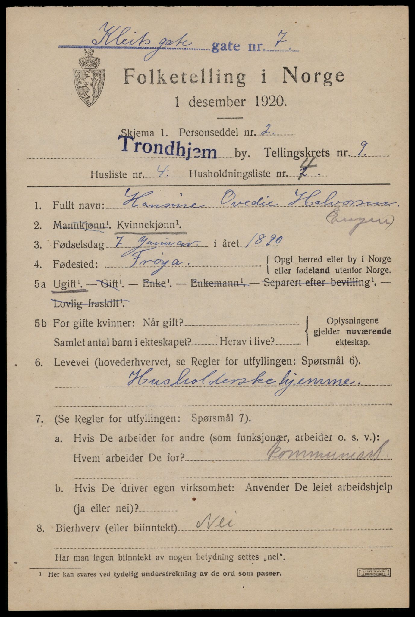 SAT, 1920 census for Trondheim, 1920, p. 44046