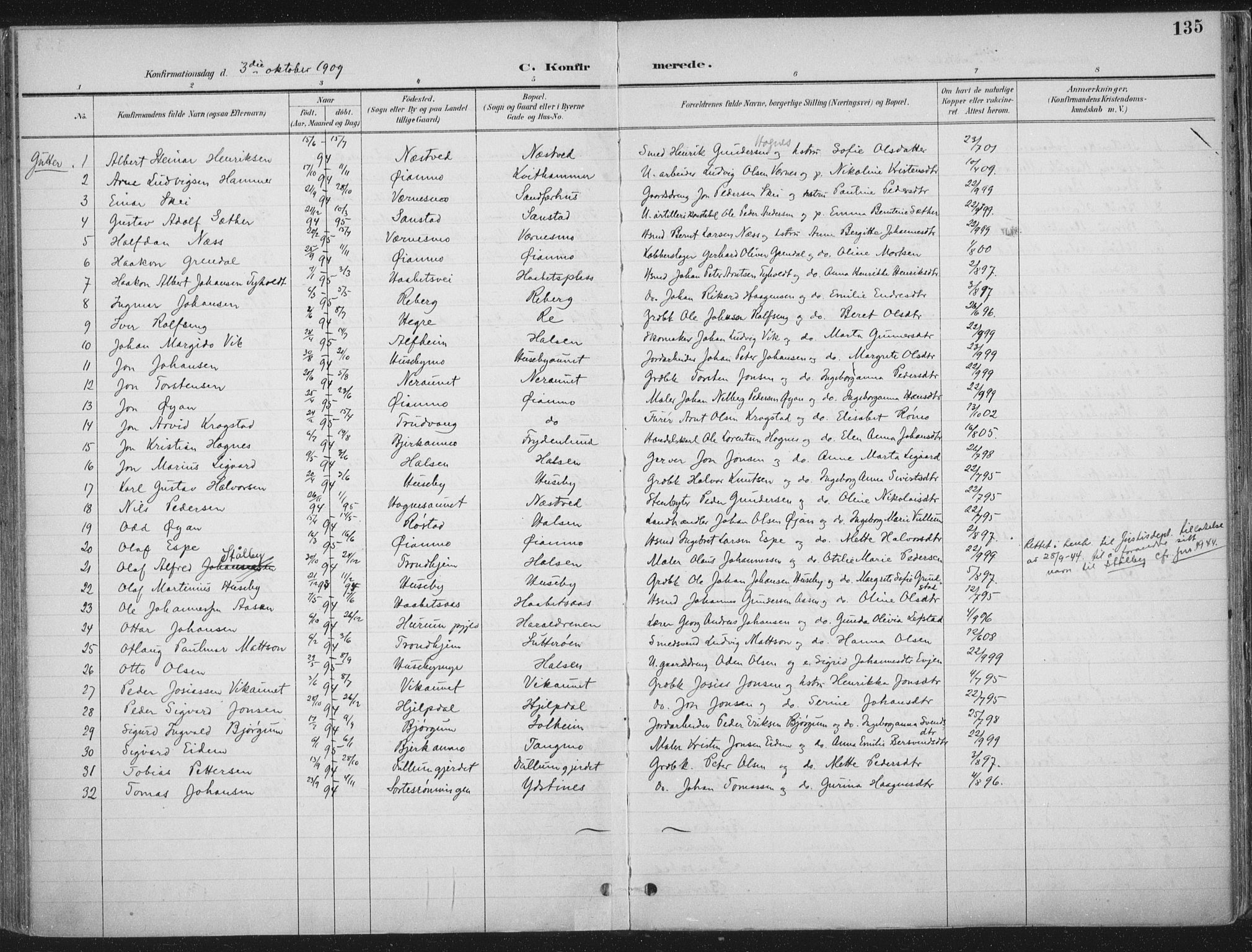 Ministerialprotokoller, klokkerbøker og fødselsregistre - Nord-Trøndelag, SAT/A-1458/709/L0082: Parish register (official) no. 709A22, 1896-1916, p. 135