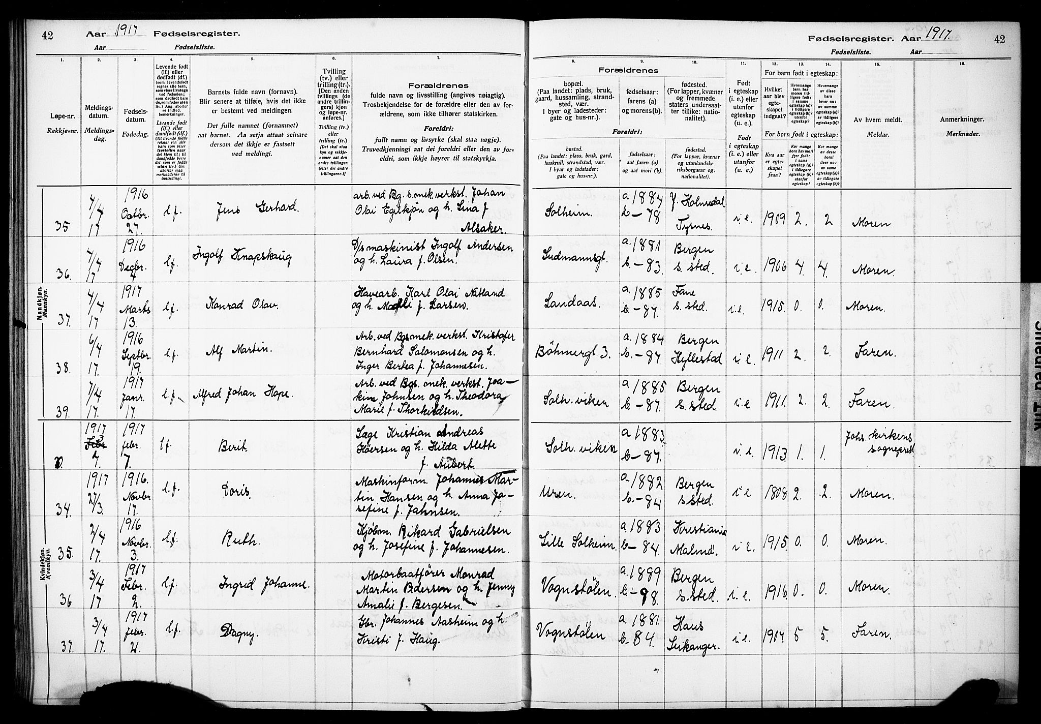 Årstad Sokneprestembete, AV/SAB-A-79301/I/Id/L0A01: Birth register no. A 1, 1916-1920, p. 42