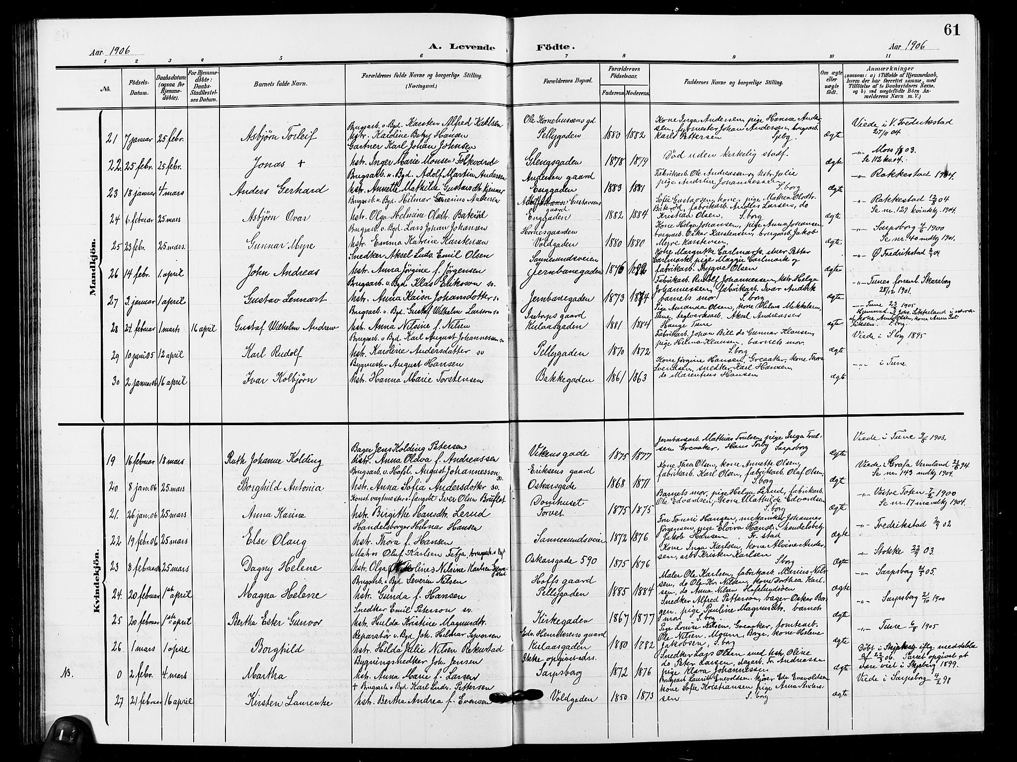 Sarpsborg prestekontor Kirkebøker, AV/SAO-A-2006/G/Ga/L0001: Parish register (copy) no. 1, 1902-1911, p. 61