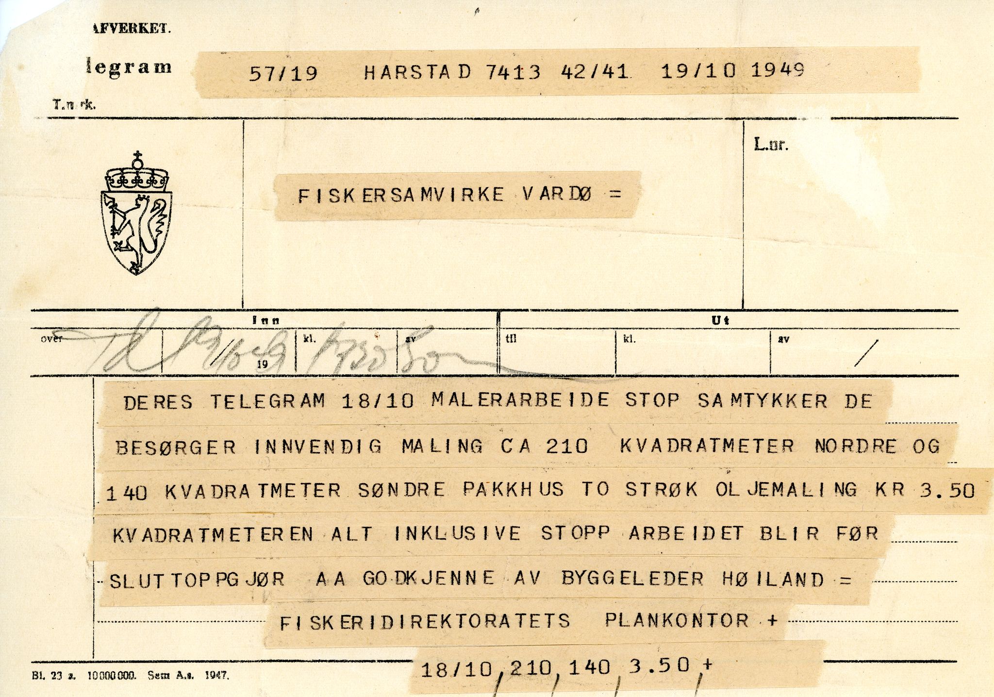 Vardø Fiskersamvirkelag, VAMU/A-0037/D/Da/L0002: Korrespondanse Er-Fi, 1946-1951