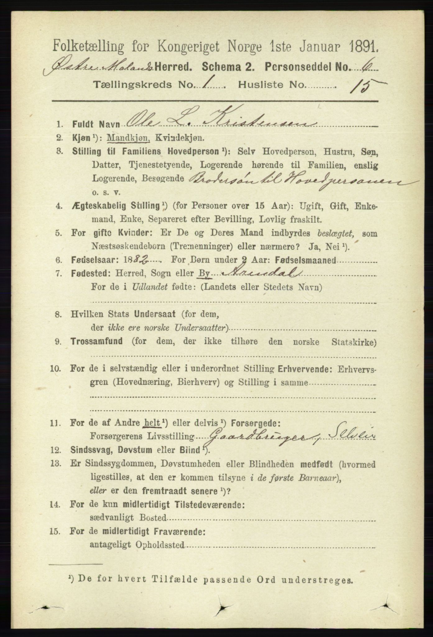 RA, 1891 census for 0918 Austre Moland, 1891, p. 182