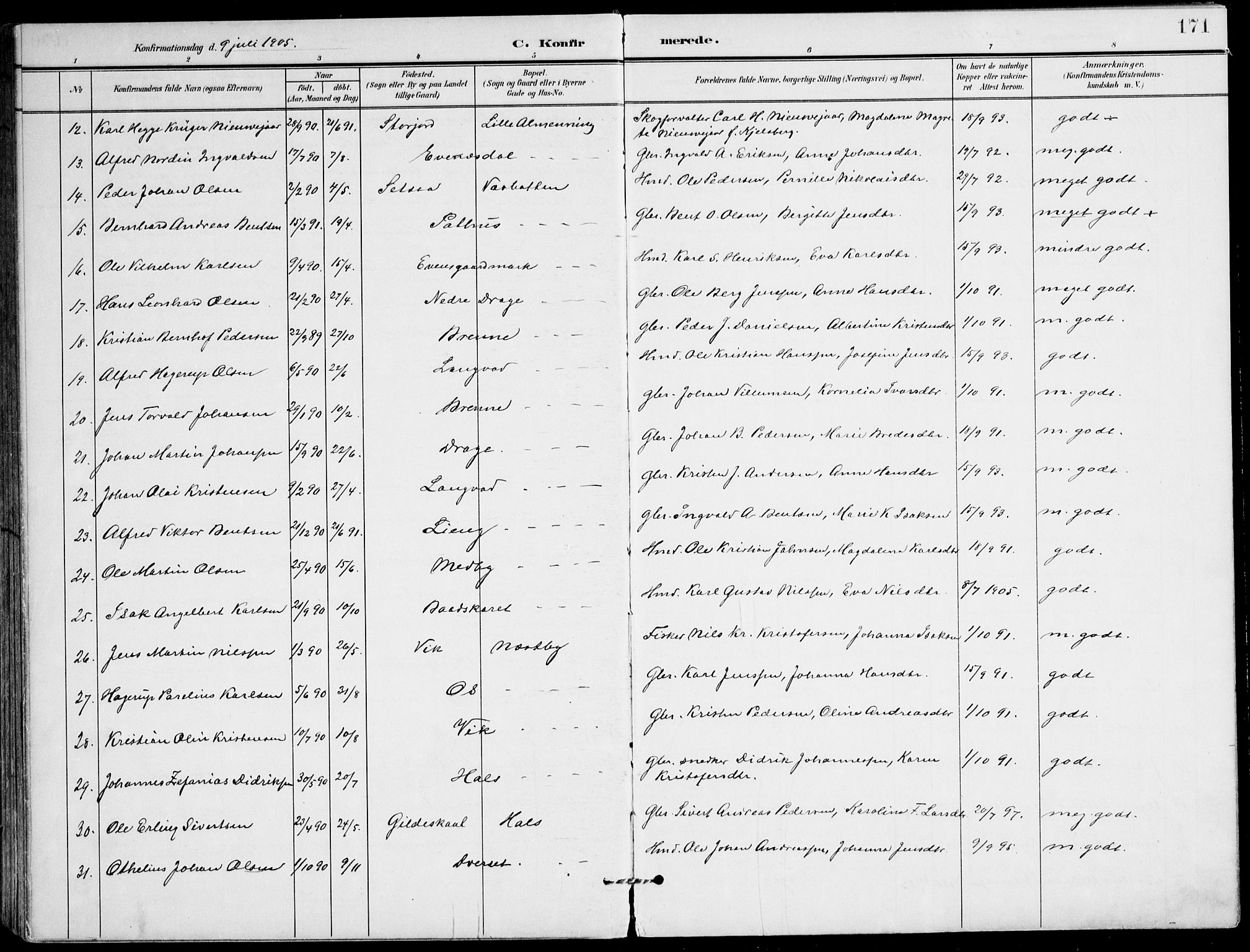 Ministerialprotokoller, klokkerbøker og fødselsregistre - Nordland, AV/SAT-A-1459/847/L0672: Parish register (official) no. 847A12, 1902-1919, p. 171