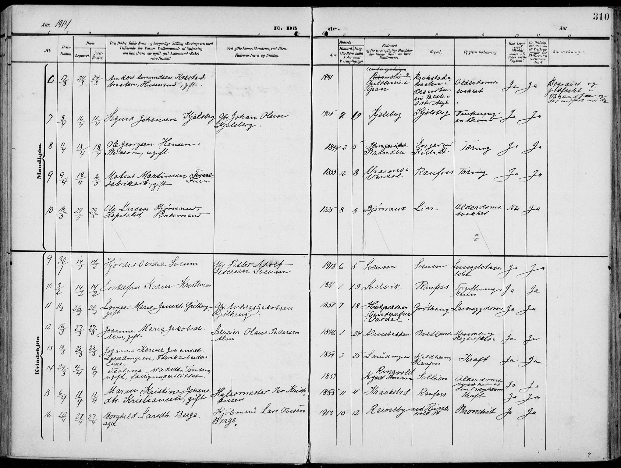 Vestre Toten prestekontor, AV/SAH-PREST-108/H/Ha/Haa/L0014: Parish register (official) no. 14, 1907-1920, p. 310