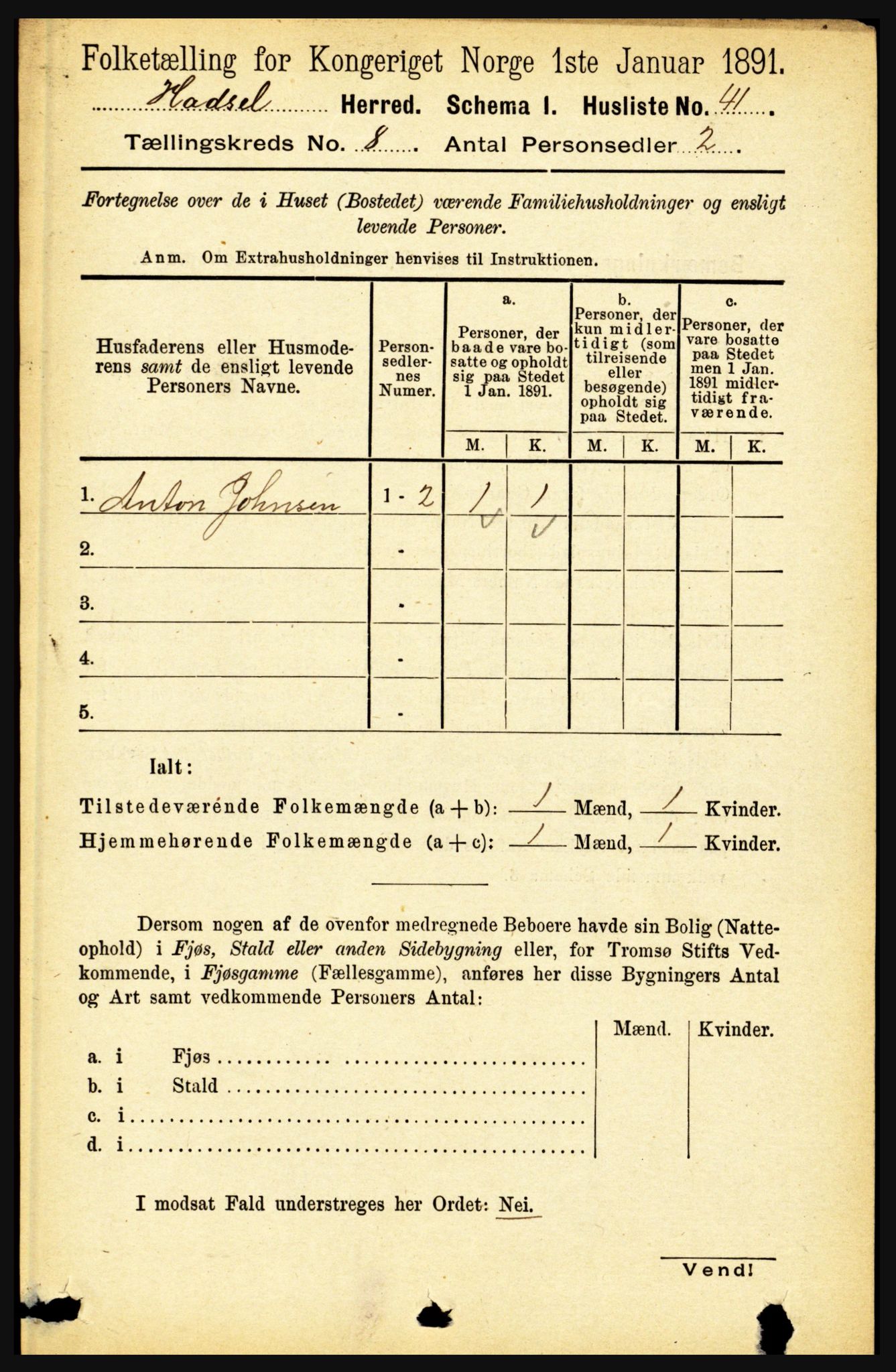 RA, 1891 census for 1866 Hadsel, 1891, p. 3572