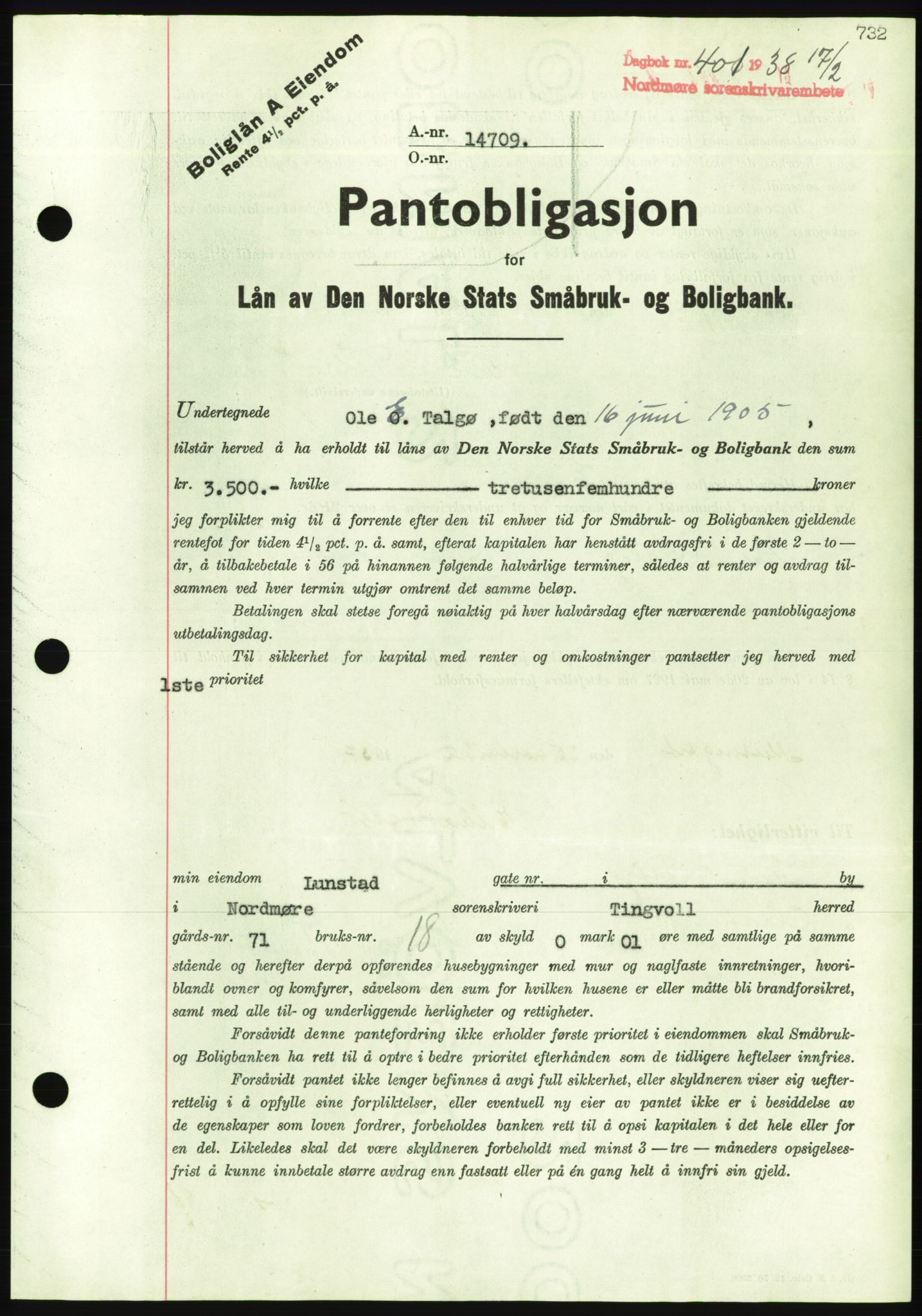 Nordmøre sorenskriveri, AV/SAT-A-4132/1/2/2Ca/L0092: Mortgage book no. B82, 1937-1938, Diary no: : 401/1938