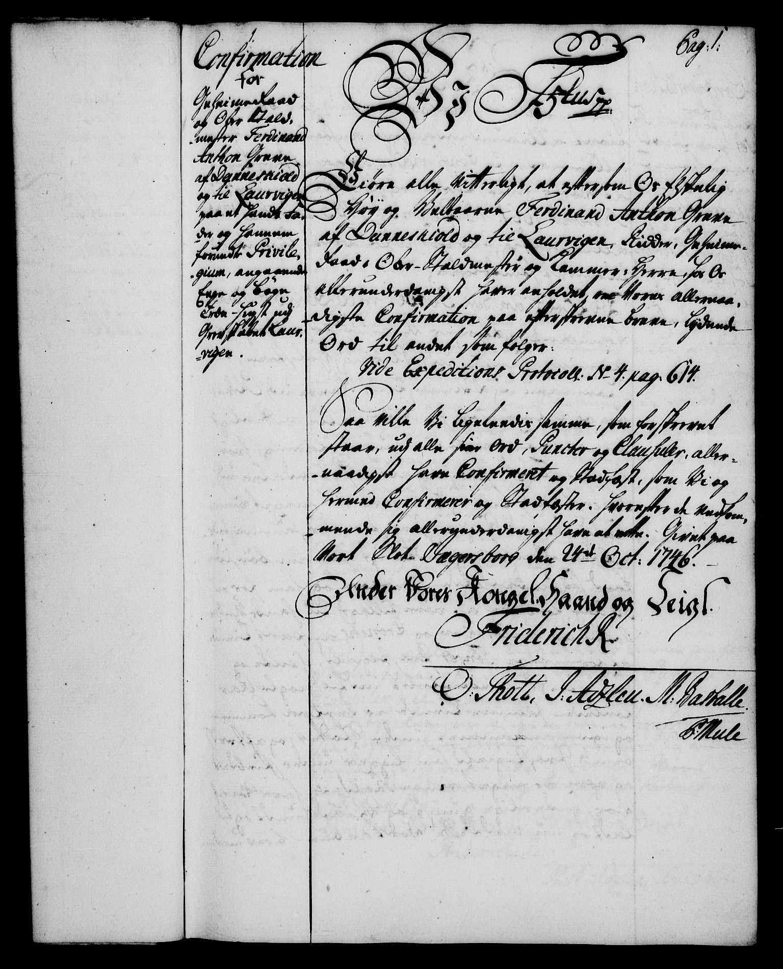 Rentekammeret, Kammerkanselliet, RA/EA-3111/G/Gg/Ggc/Ggca/L0001: Norsk konfirmasjonsekspedisjonsprotokoll med register (merket RK 53.23), 1746-1750, p. 1