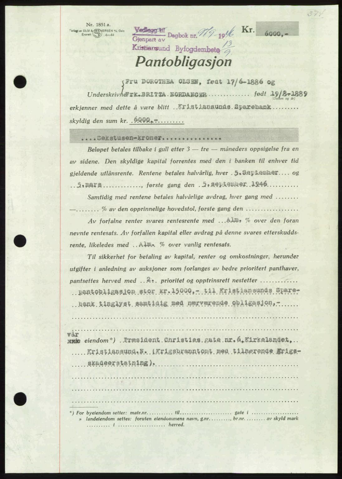 Kristiansund byfogd, AV/SAT-A-4587/A/27: Mortgage book no. 40, 1946-1946, Diary no: : 979/1946