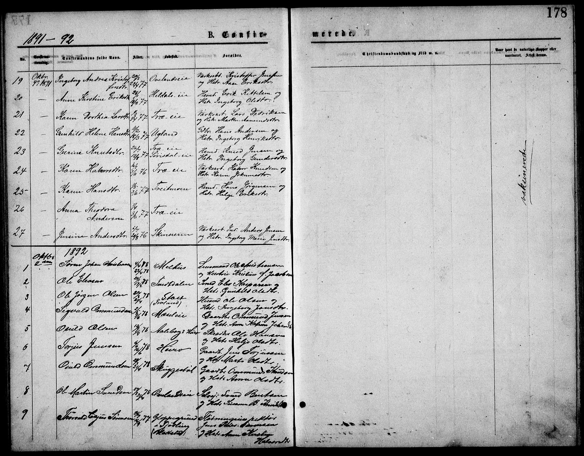 Froland sokneprestkontor, AV/SAK-1111-0013/F/Fb/L0009: Parish register (copy) no. B 9, 1875-1893, p. 178